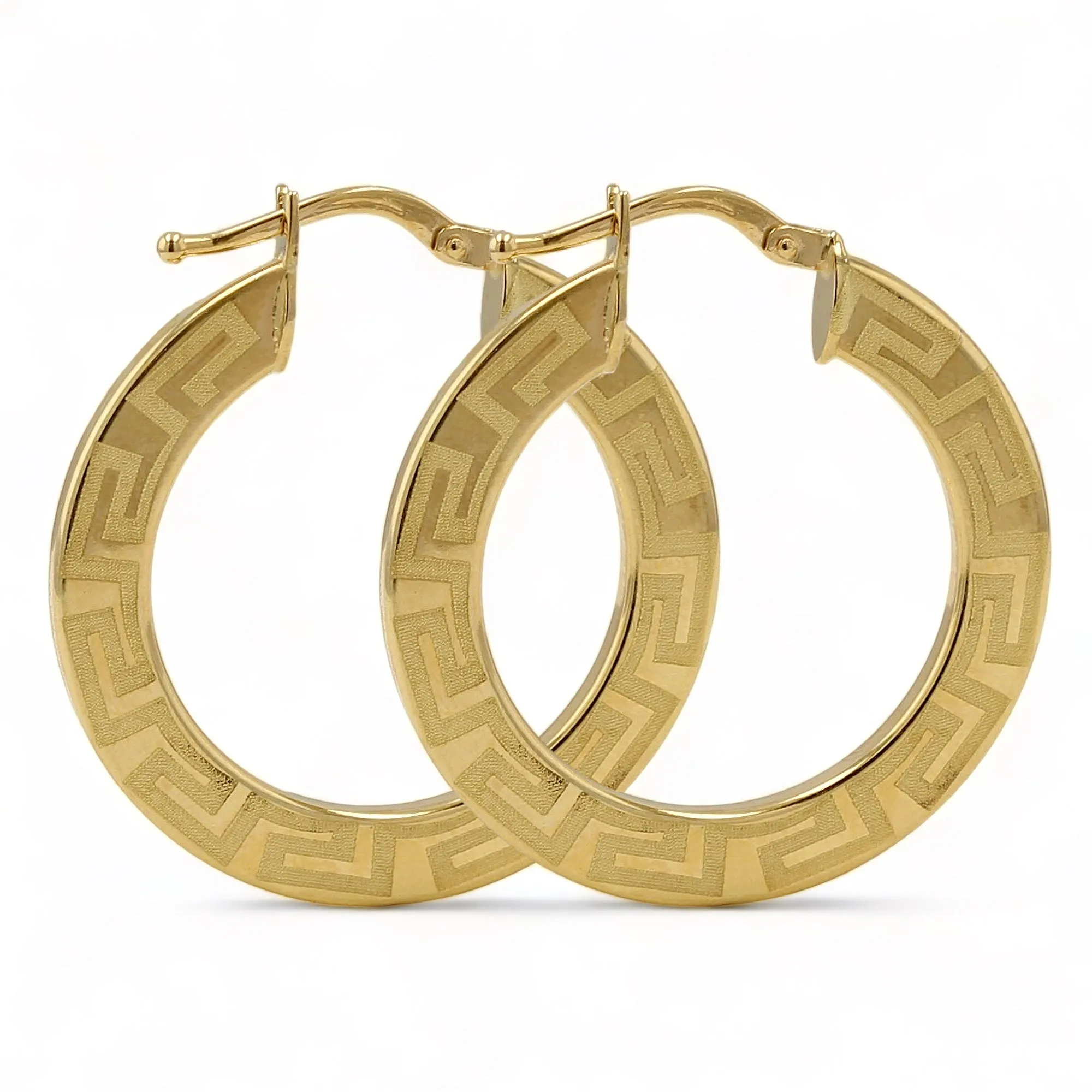 10k yellow gold flat Greek style hoops earrings Italian handcrafted-227041