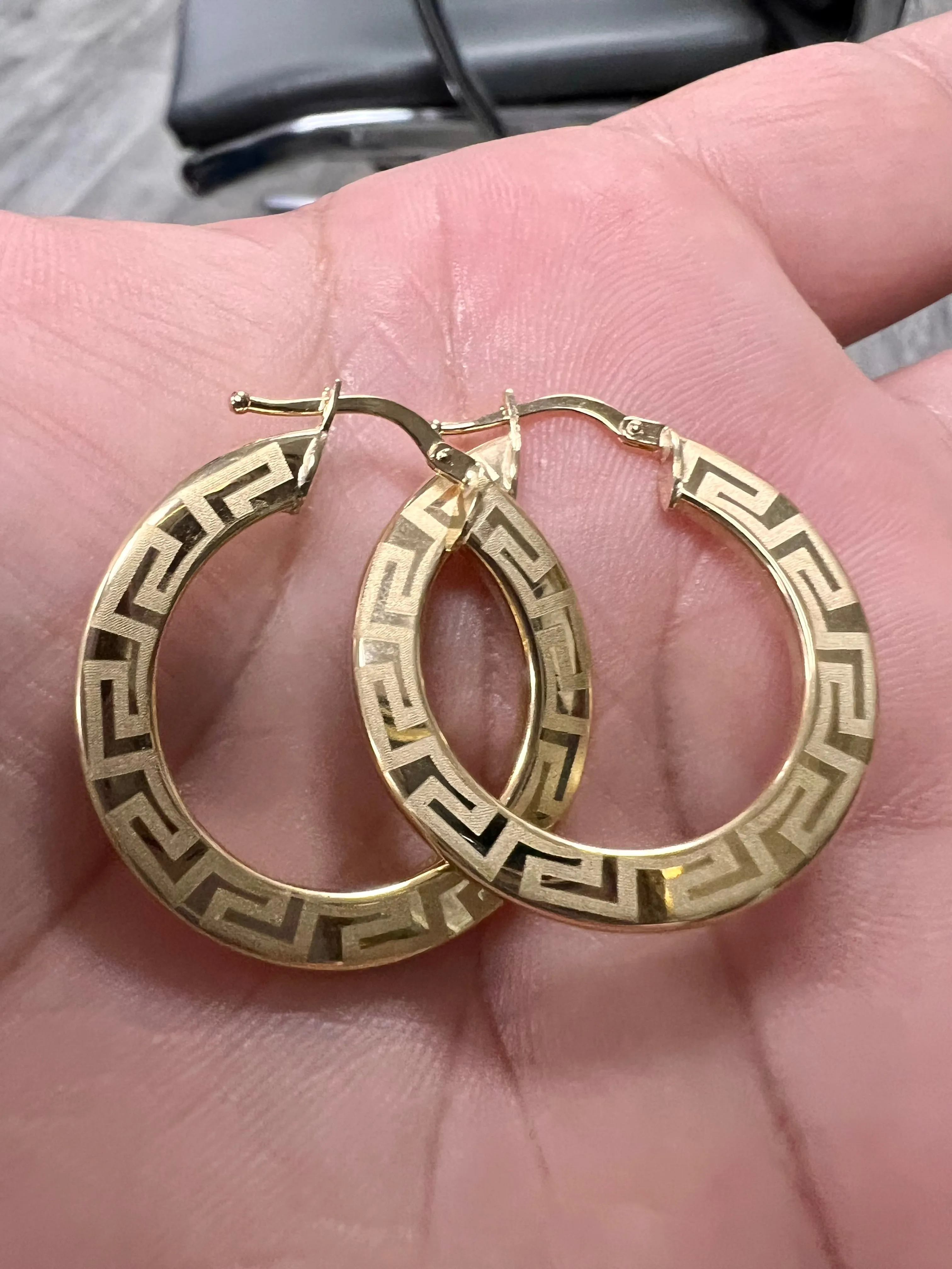 10k yellow gold flat Greek style hoops earrings Italian handcrafted-227041