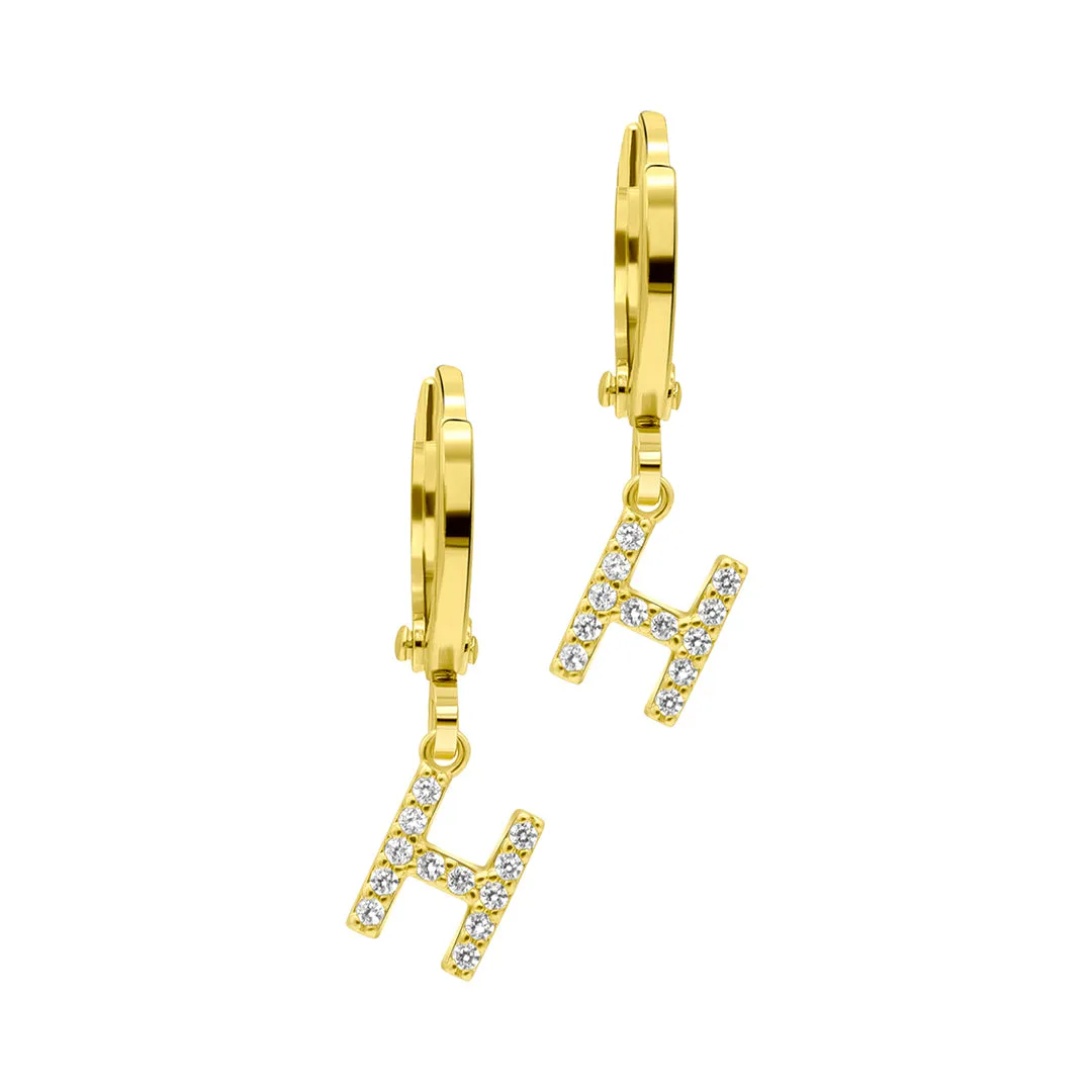 14K Gold Plated Initial Pave Huggie Hoop Earrings