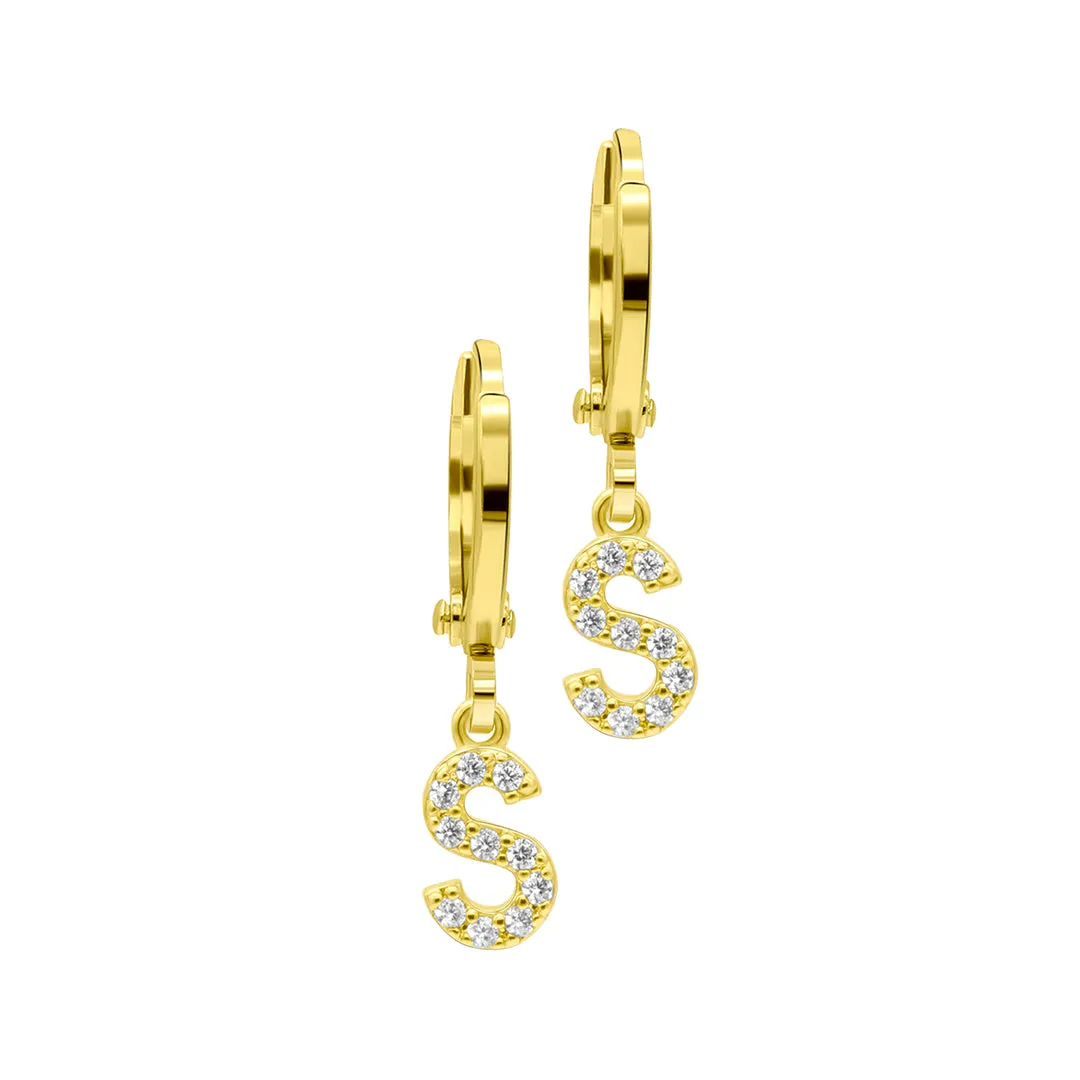 14K Gold Plated Initial Pave Huggie Hoop Earrings