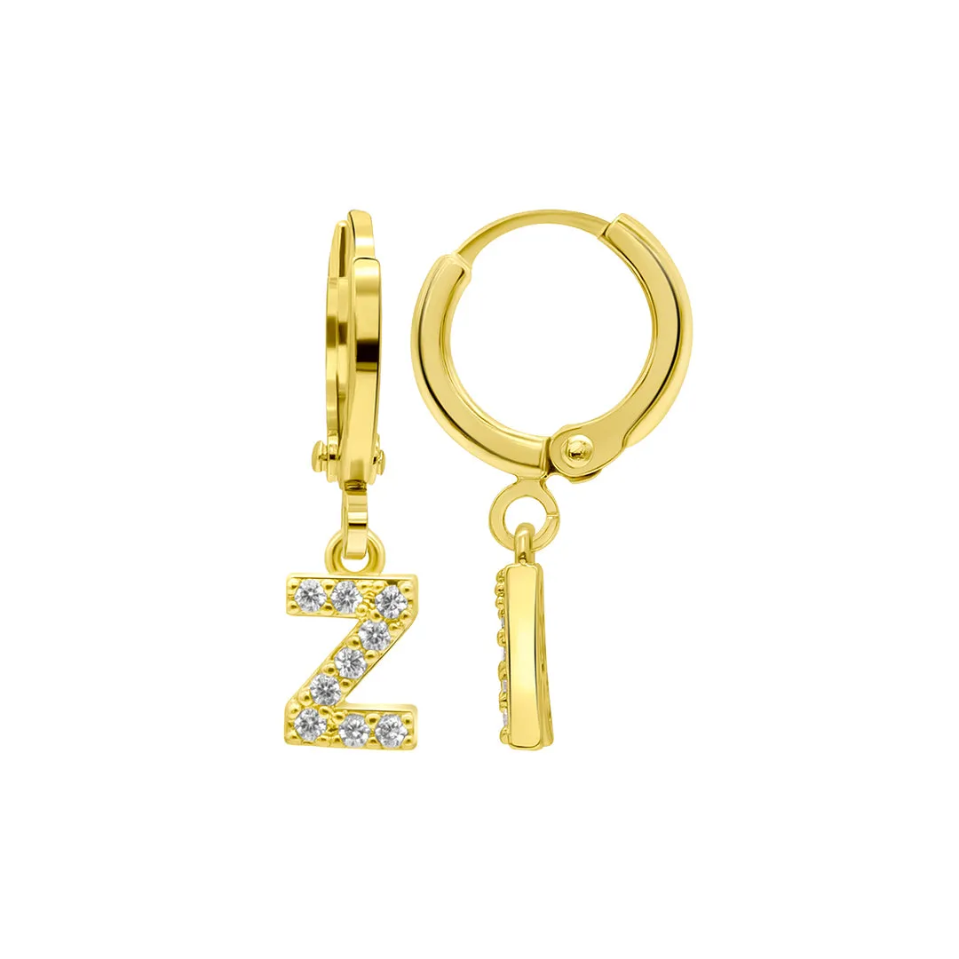 14K Gold Plated Initial Pave Huggie Hoop Earrings