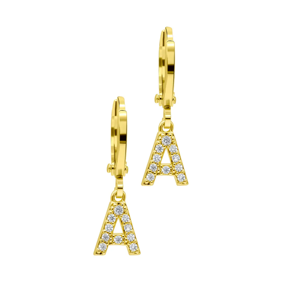 14K Gold Plated Initial Pave Huggie Hoop Earrings