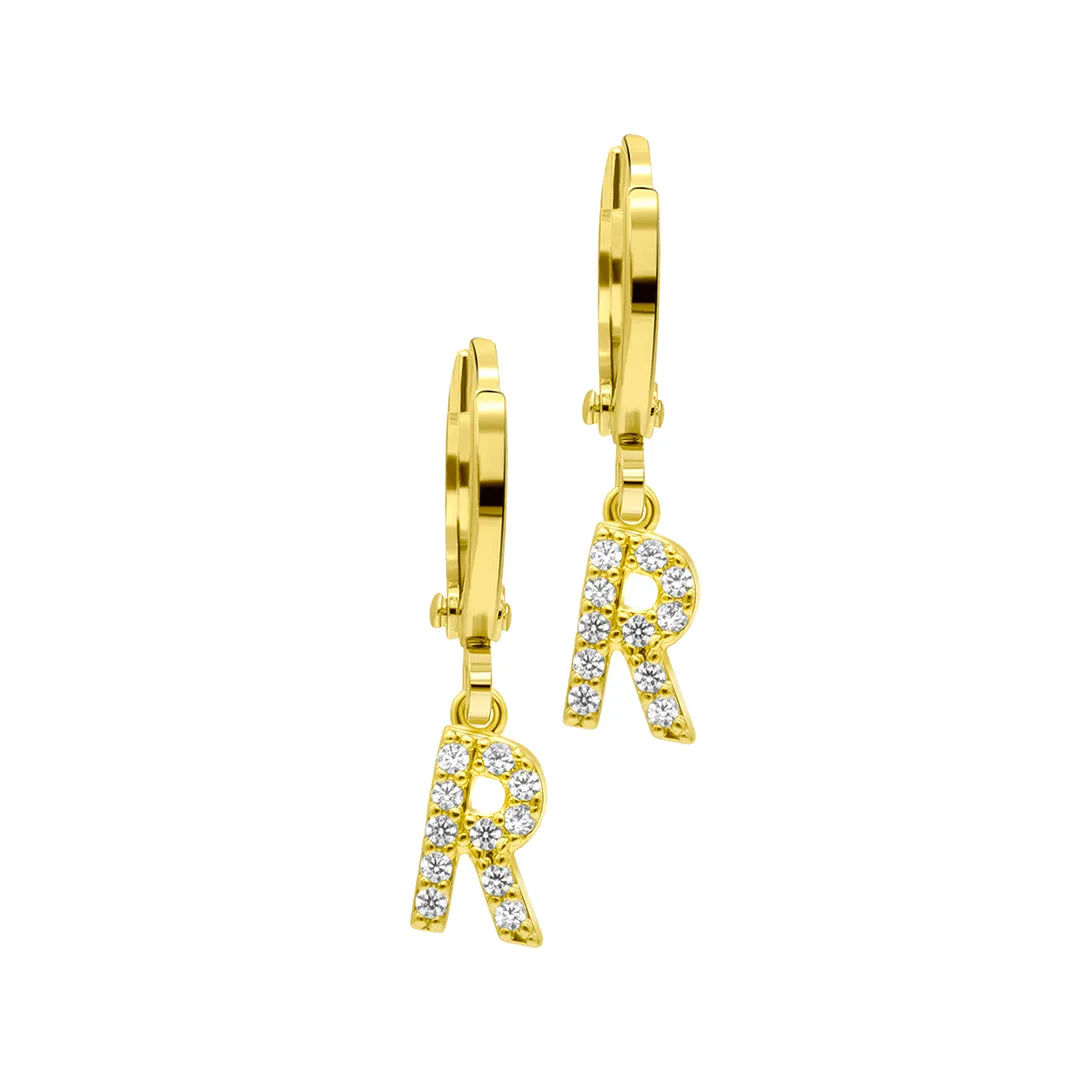 14K Gold Plated Initial Pave Huggie Hoop Earrings