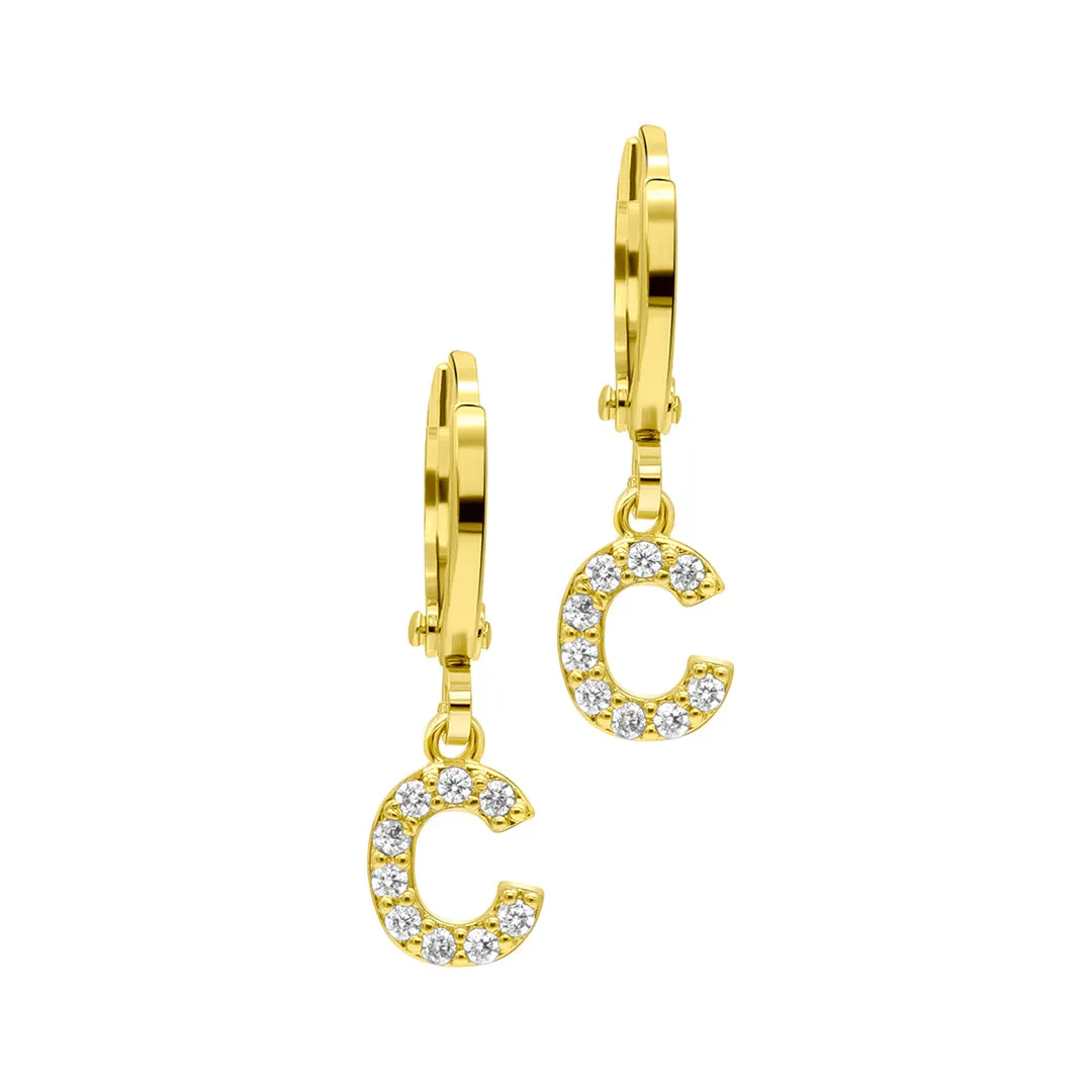 14K Gold Plated Initial Pave Huggie Hoop Earrings