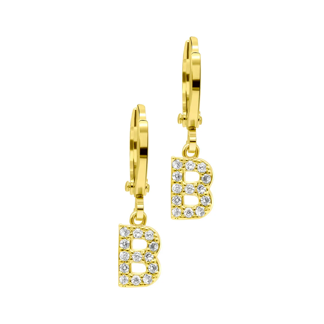 14K Gold Plated Initial Pave Huggie Hoop Earrings