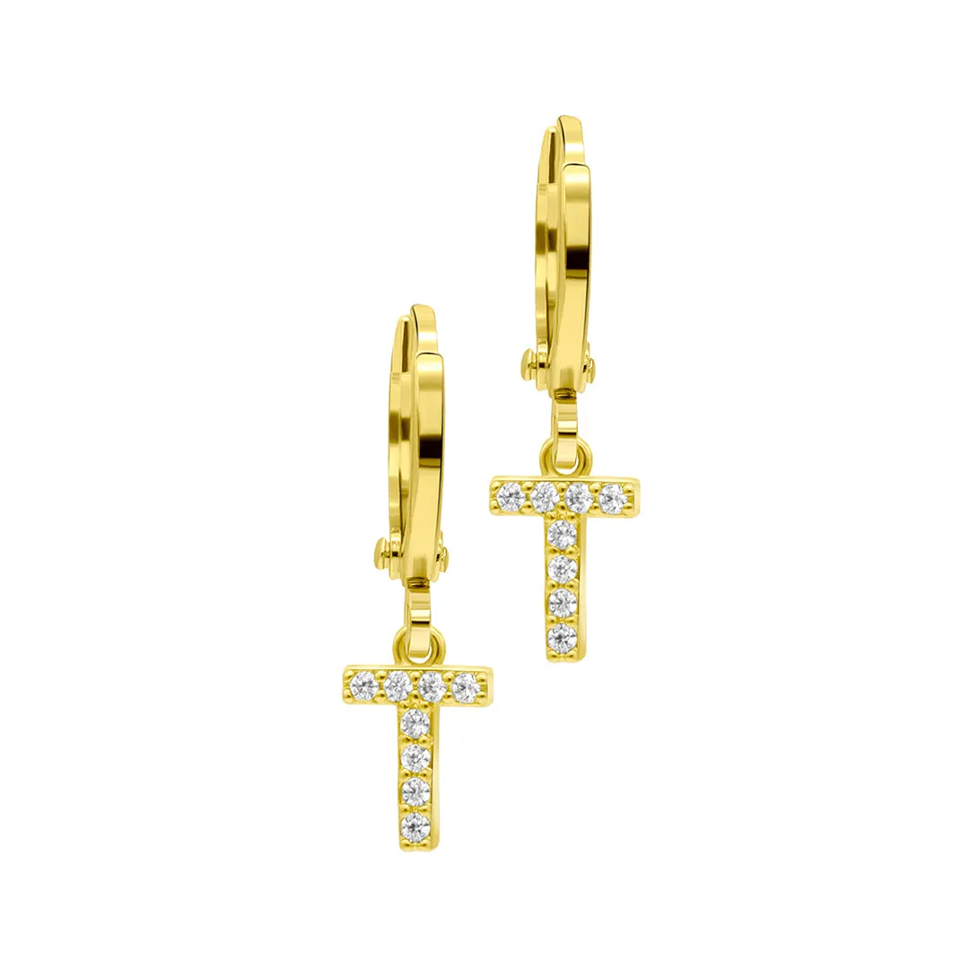 14K Gold Plated Initial Pave Huggie Hoop Earrings