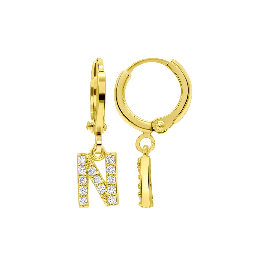 14K Gold Plated Initial Pave Huggie Hoop Earrings