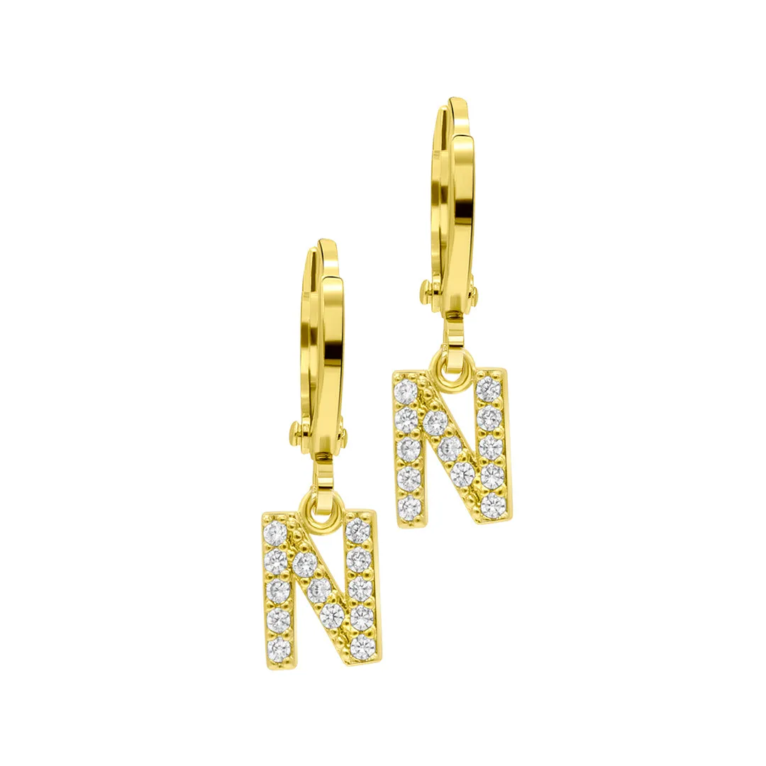 14K Gold Plated Initial Pave Huggie Hoop Earrings