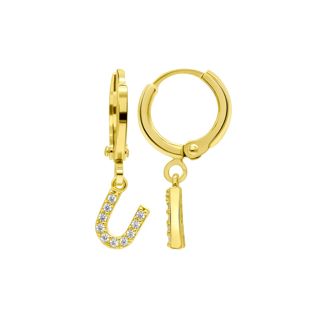 14K Gold Plated Initial Pave Huggie Hoop Earrings