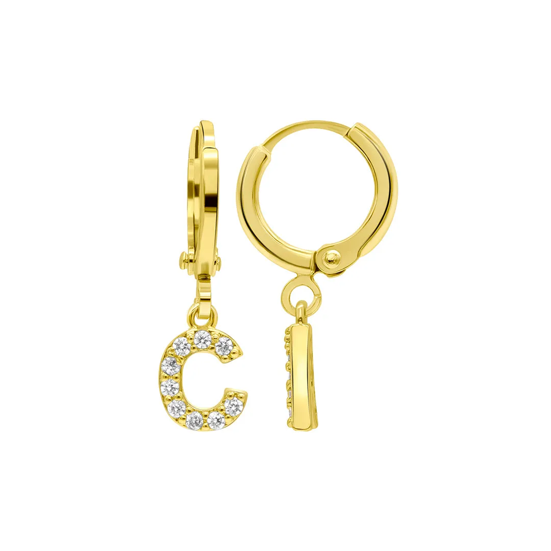 14K Gold Plated Initial Pave Huggie Hoop Earrings