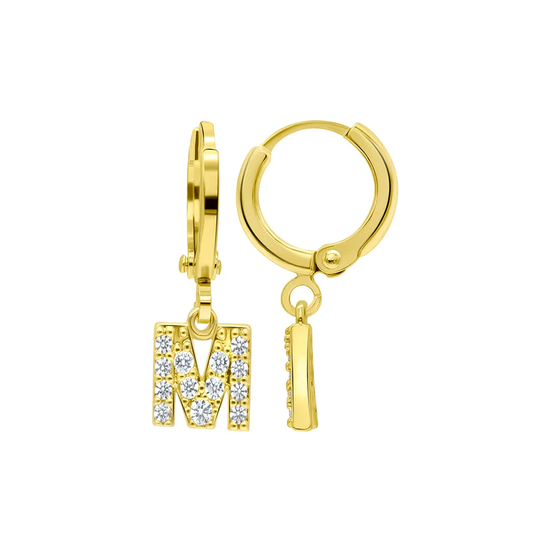 14K Gold Plated Initial Pave Huggie Hoop Earrings