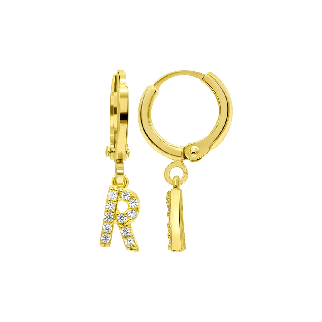 14K Gold Plated Initial Pave Huggie Hoop Earrings