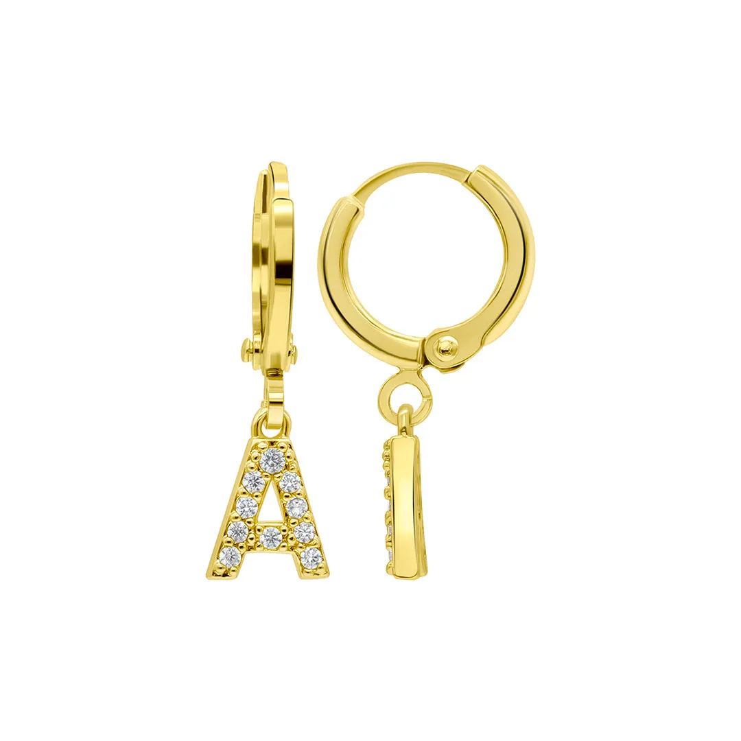 14K Gold Plated Initial Pave Huggie Hoop Earrings