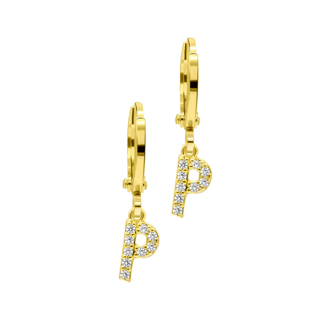 14K Gold Plated Initial Pave Huggie Hoop Earrings