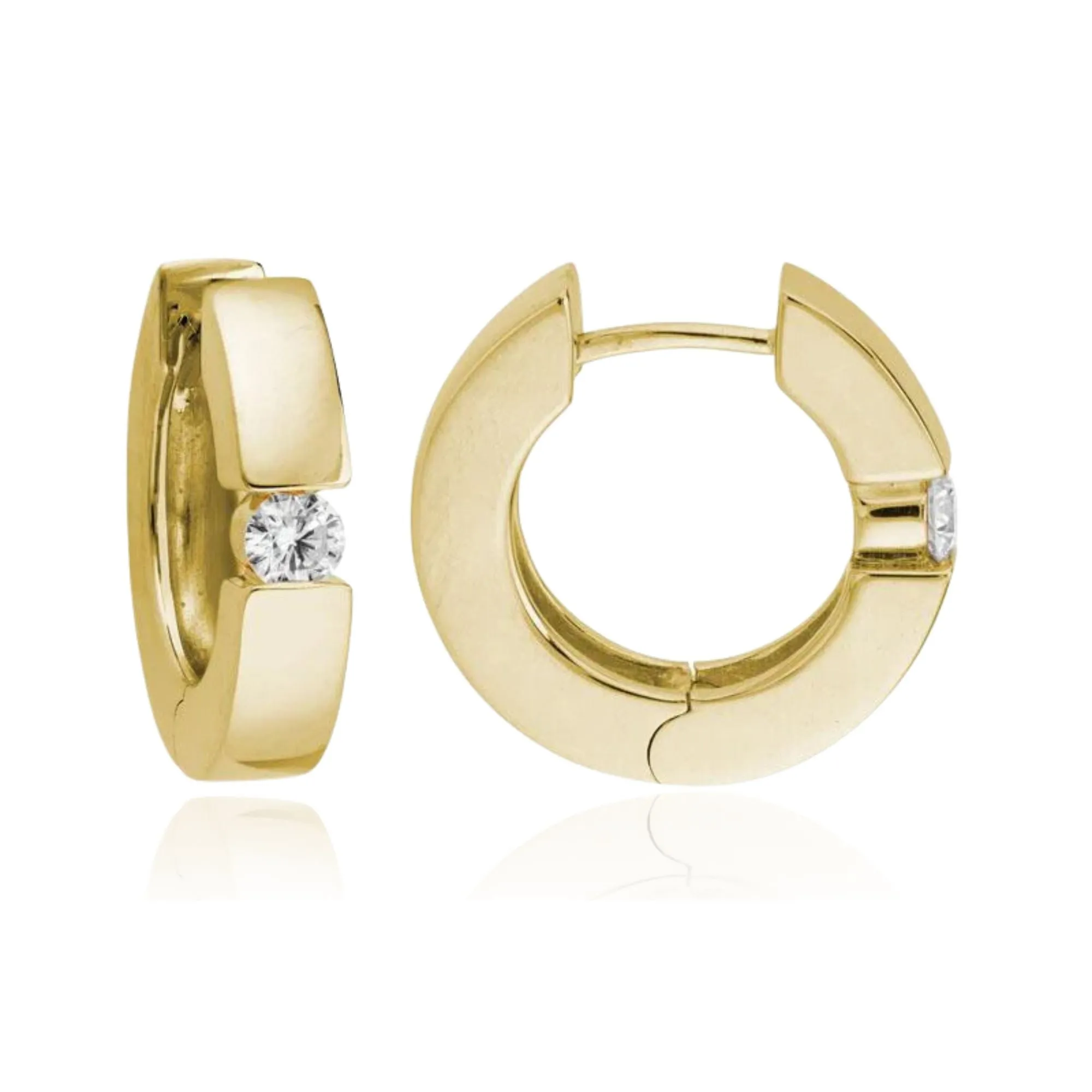 14K YELLOW GOLD 15MM HUGGIE HOOP EARRINGS WITH DIAMOND ACCENTS