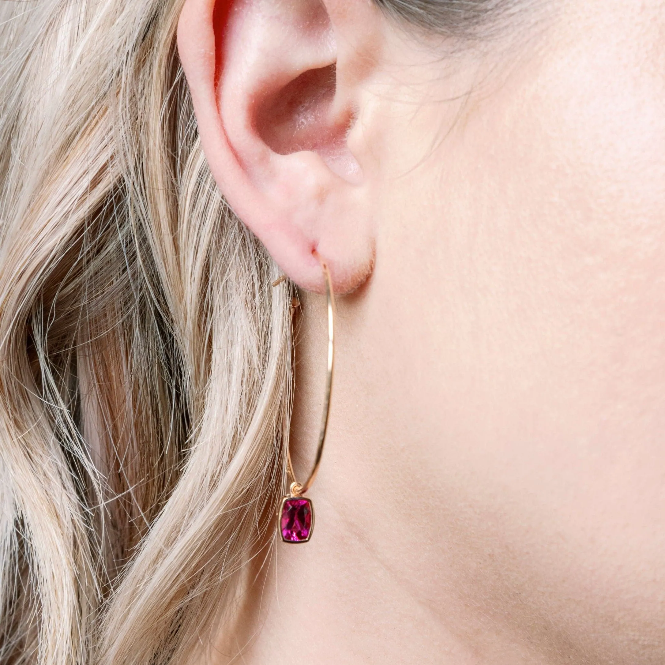 18K ROSE GOLD 42MM HOOP EARRINGS WITH RUBELLITE DANGLES