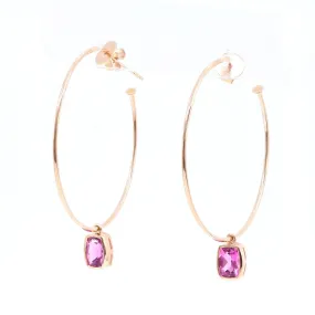 18K ROSE GOLD 42MM HOOP EARRINGS WITH RUBELLITE DANGLES