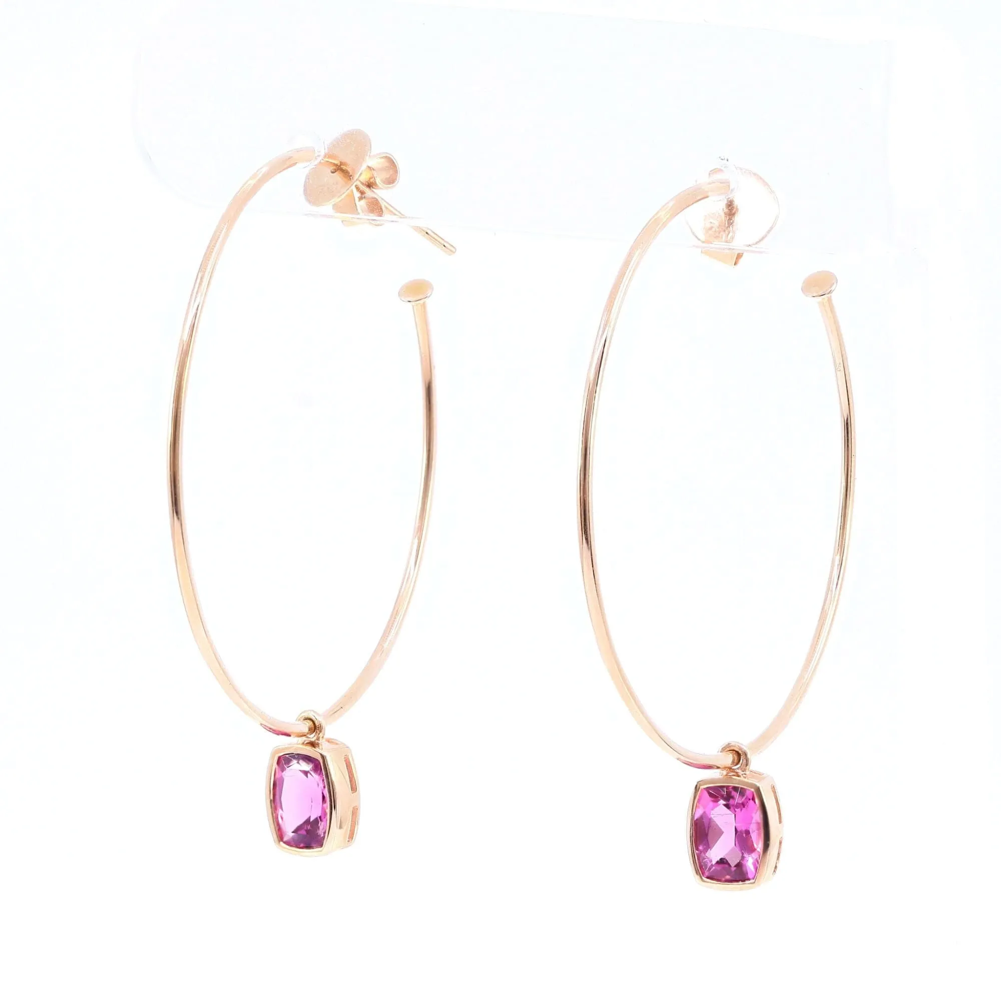 18K ROSE GOLD 42MM HOOP EARRINGS WITH RUBELLITE DANGLES