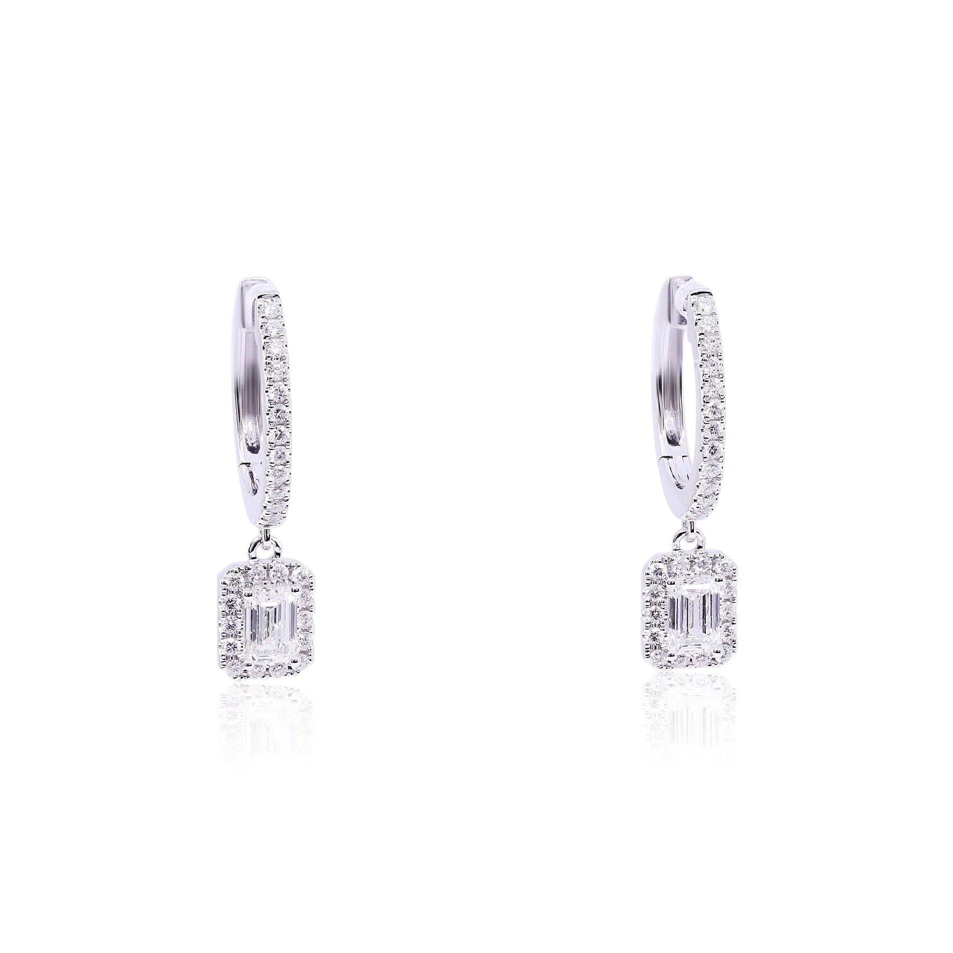 18K WHITE GOLD DIAMOND HOOP EARRINGS WITH EMERALD-CUT DIAMOND HALO DROPS