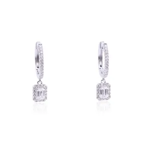 18K WHITE GOLD DIAMOND HOOP EARRINGS WITH EMERALD-CUT DIAMOND HALO DROPS