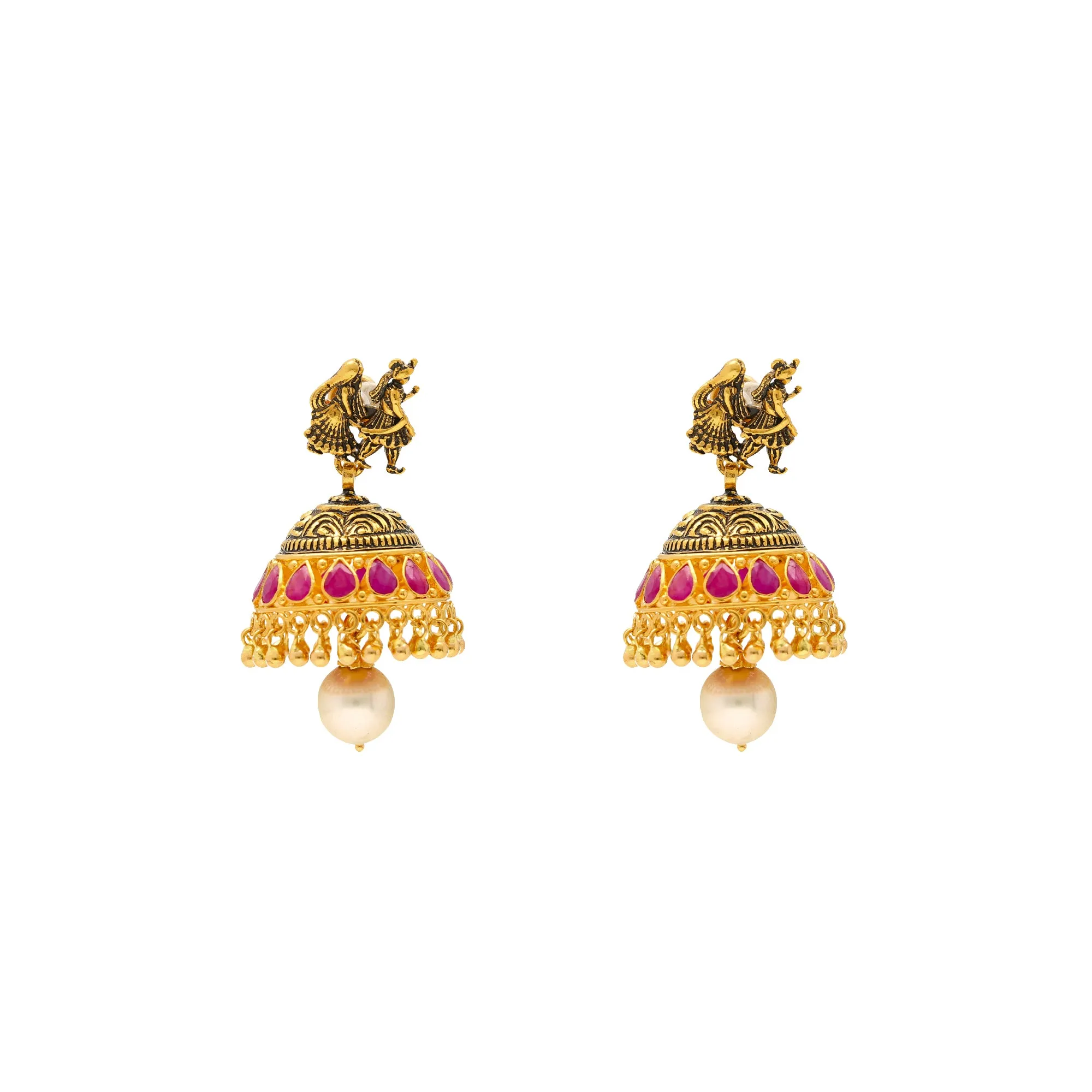 22K Antique Gold Jhumka Earrings w/ Rubies and Pearls (21gm)