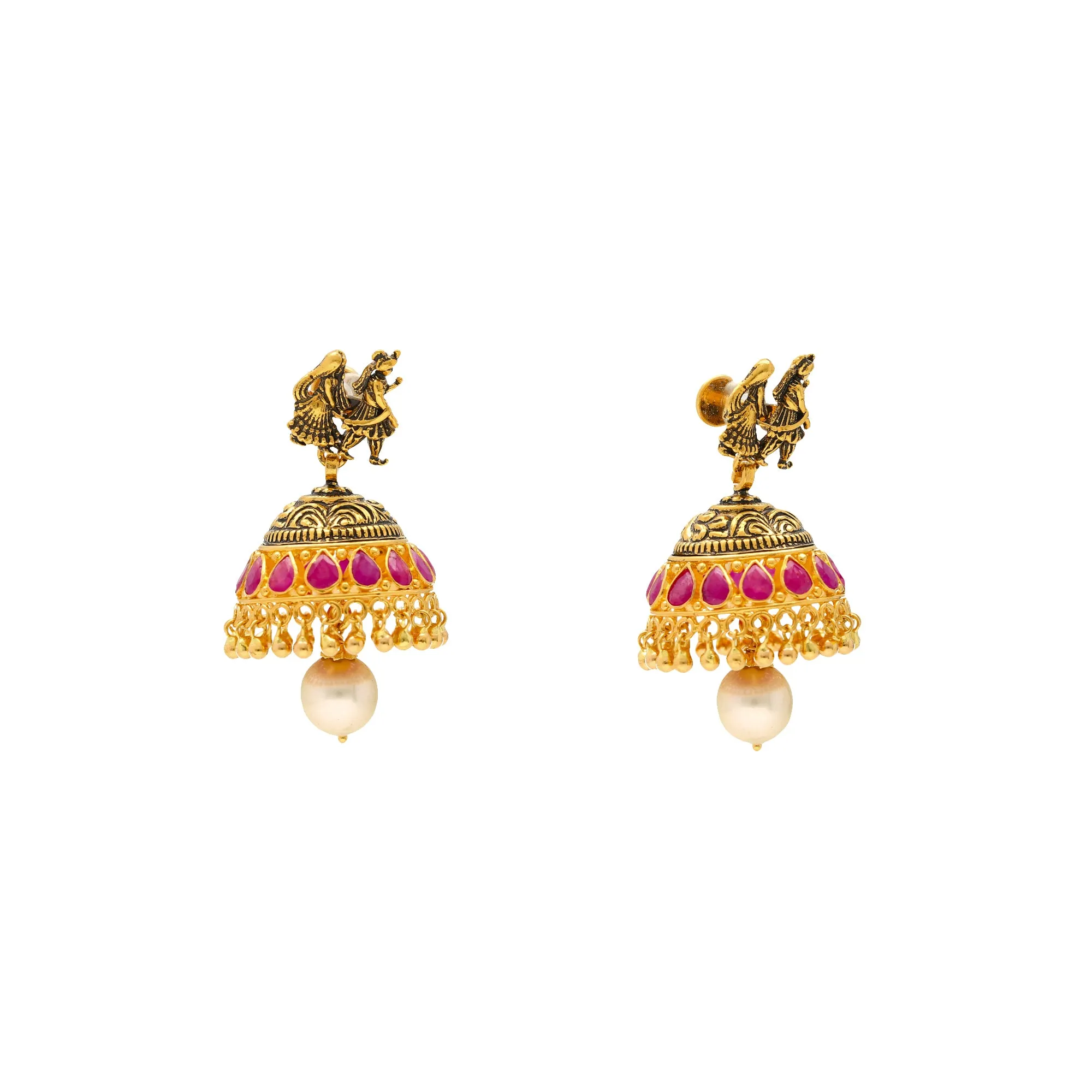 22K Antique Gold Jhumka Earrings w/ Rubies and Pearls (21gm)