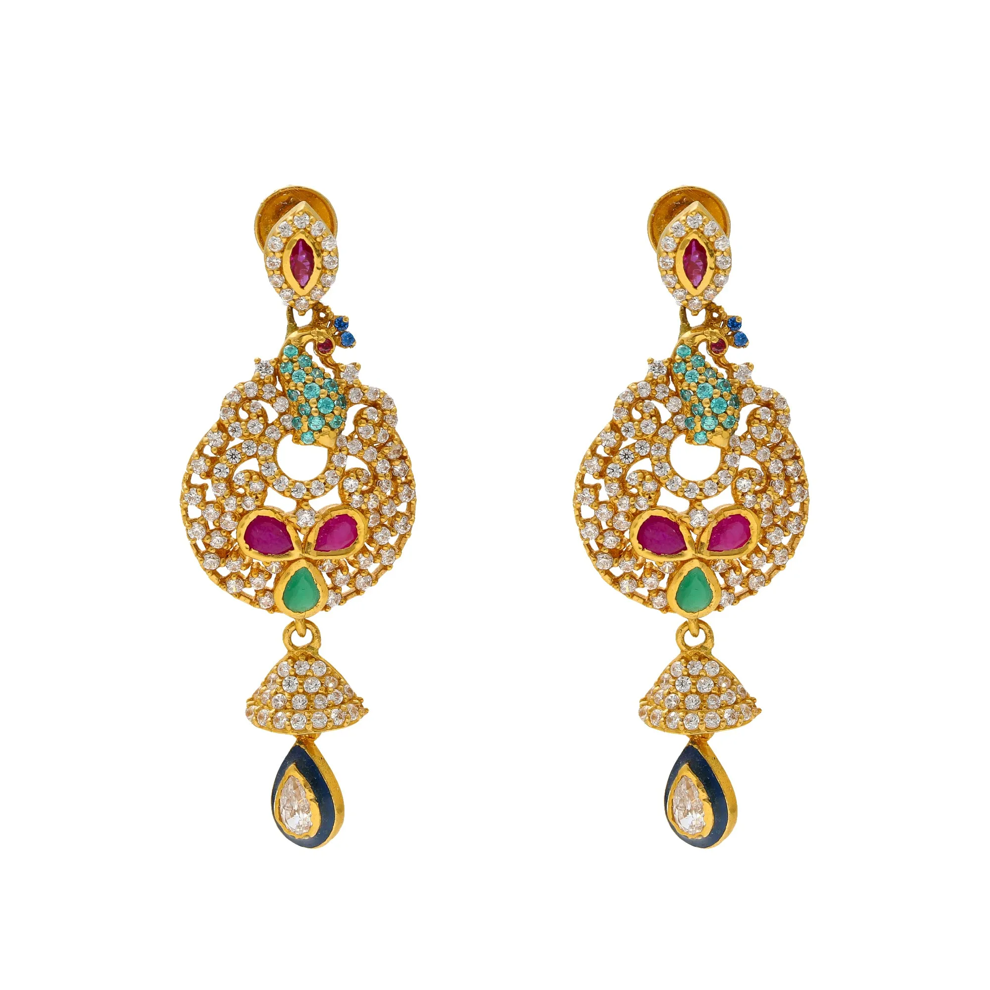 22K Yellow Gold, Emerald, Ruby & CZ Chandbali Earrings (14.3gm)