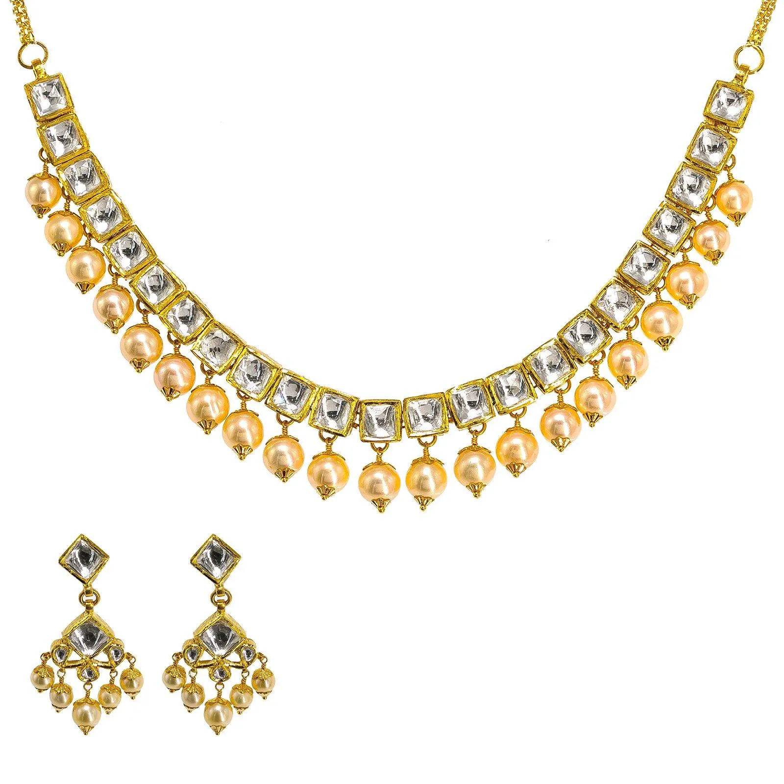 22K Yellow Gold Kundan Necklace & Earrings Set W/ Hanging Pearls, 59.1g