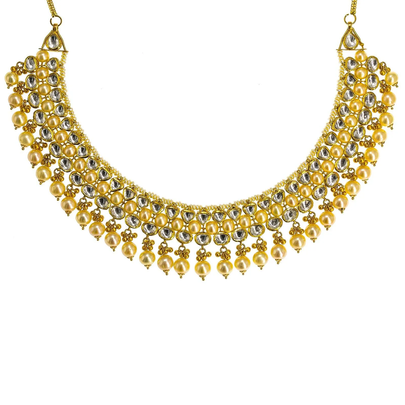 22K Yellow Gold Kundan Necklace & Earrings Set W/ Hanging Pearls, 97.1g