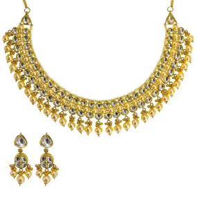 22K Yellow Gold Kundan Necklace & Earrings Set W/ Hanging Pearls, 97.1g