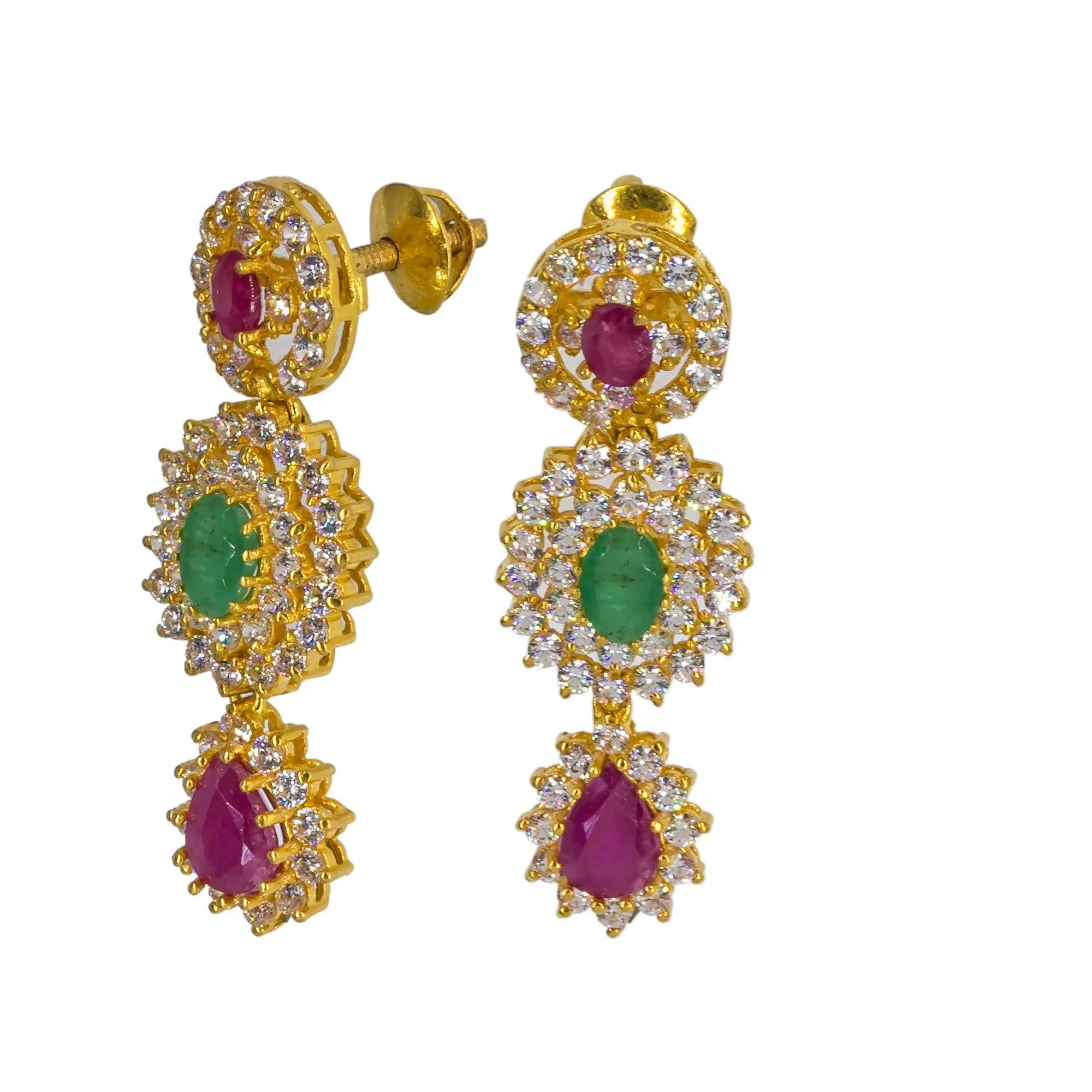 22K Yellow Gold Long Necklace & Earrings Set W/ CZ, Emeralds, Rubies & Encrusted Mango Accents