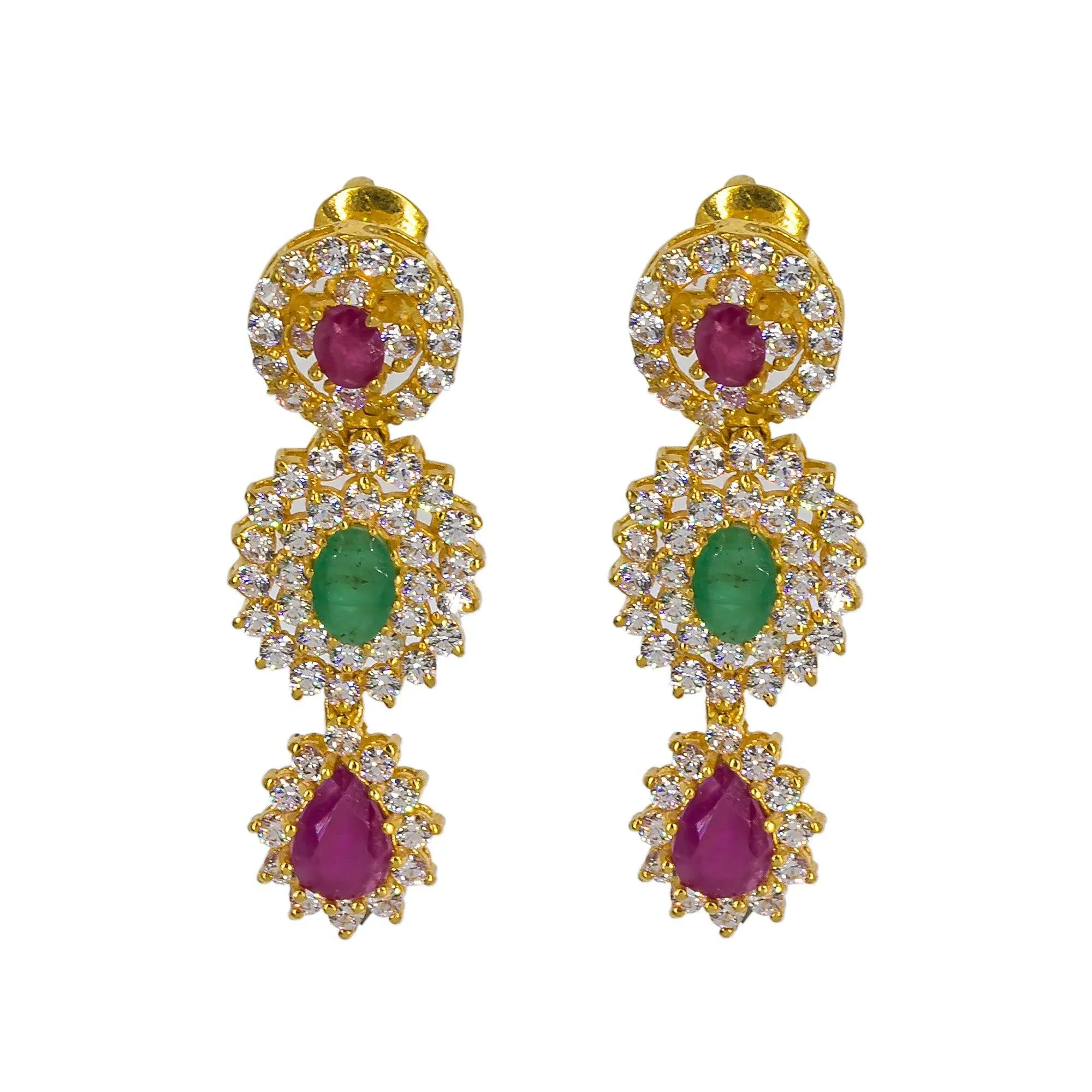 22K Yellow Gold Long Necklace & Earrings Set W/ CZ, Emeralds, Rubies & Encrusted Mango Accents