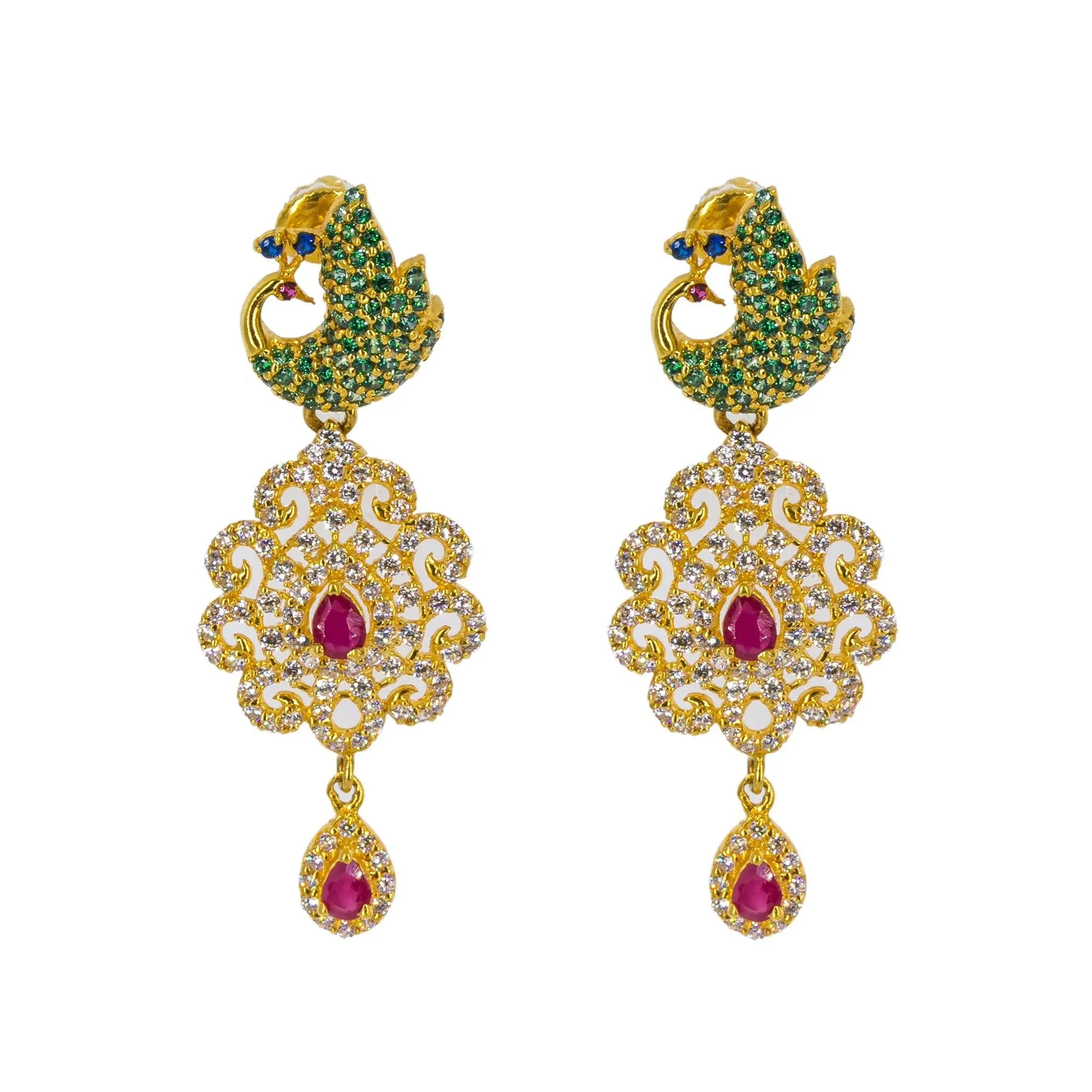 22K Yellow Gold Long Necklace & Earrings Set W/ Rubies, Multi-colored CZ & Encrusted Peacock Accents