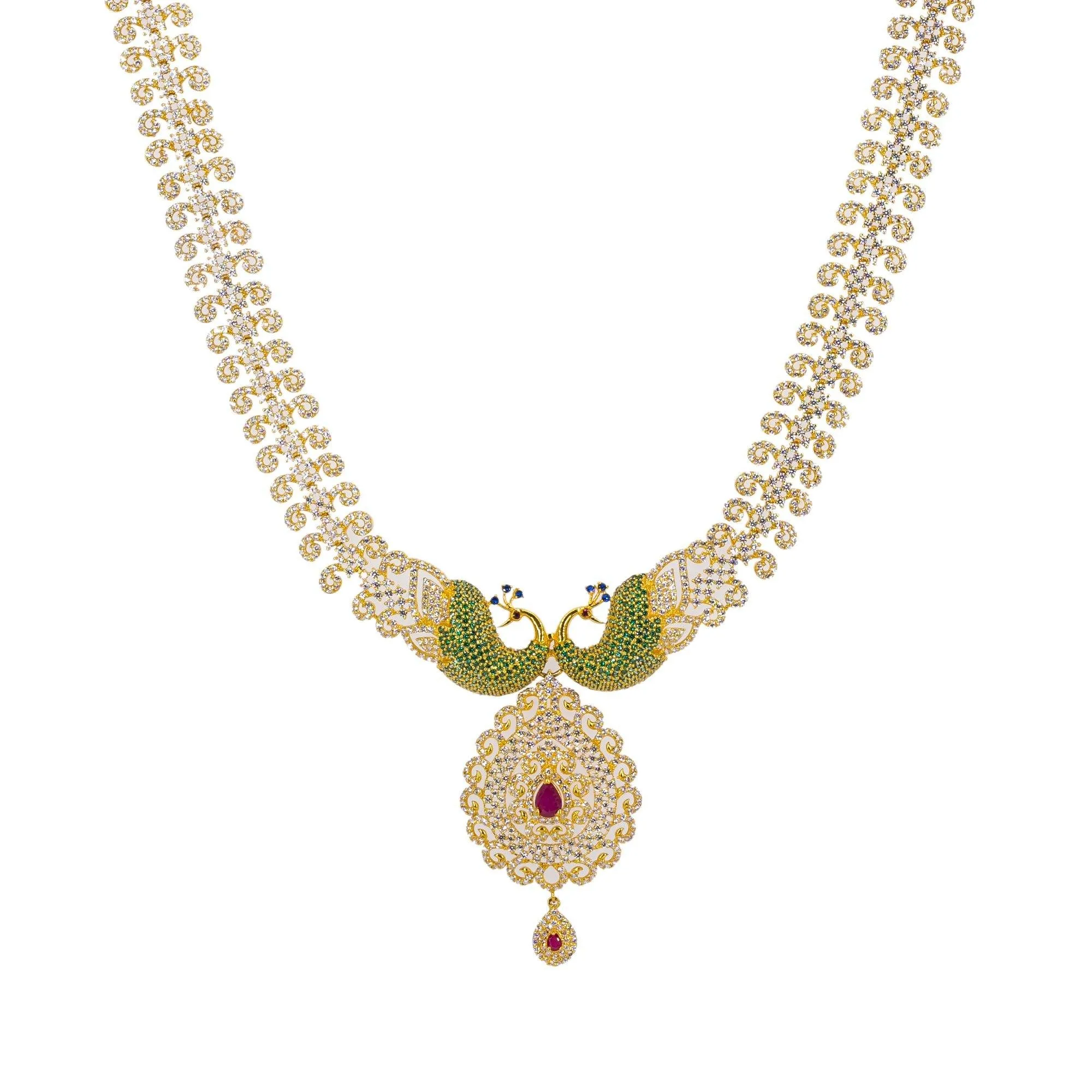 22K Yellow Gold Long Necklace & Earrings Set W/ Rubies, Multi-colored CZ & Encrusted Peacock Accents