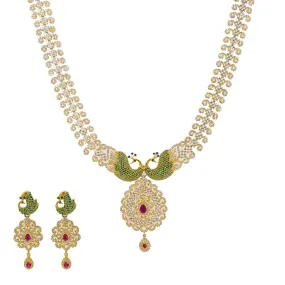 22K Yellow Gold Long Necklace & Earrings Set W/ Rubies, Multi-colored CZ & Encrusted Peacock Accents