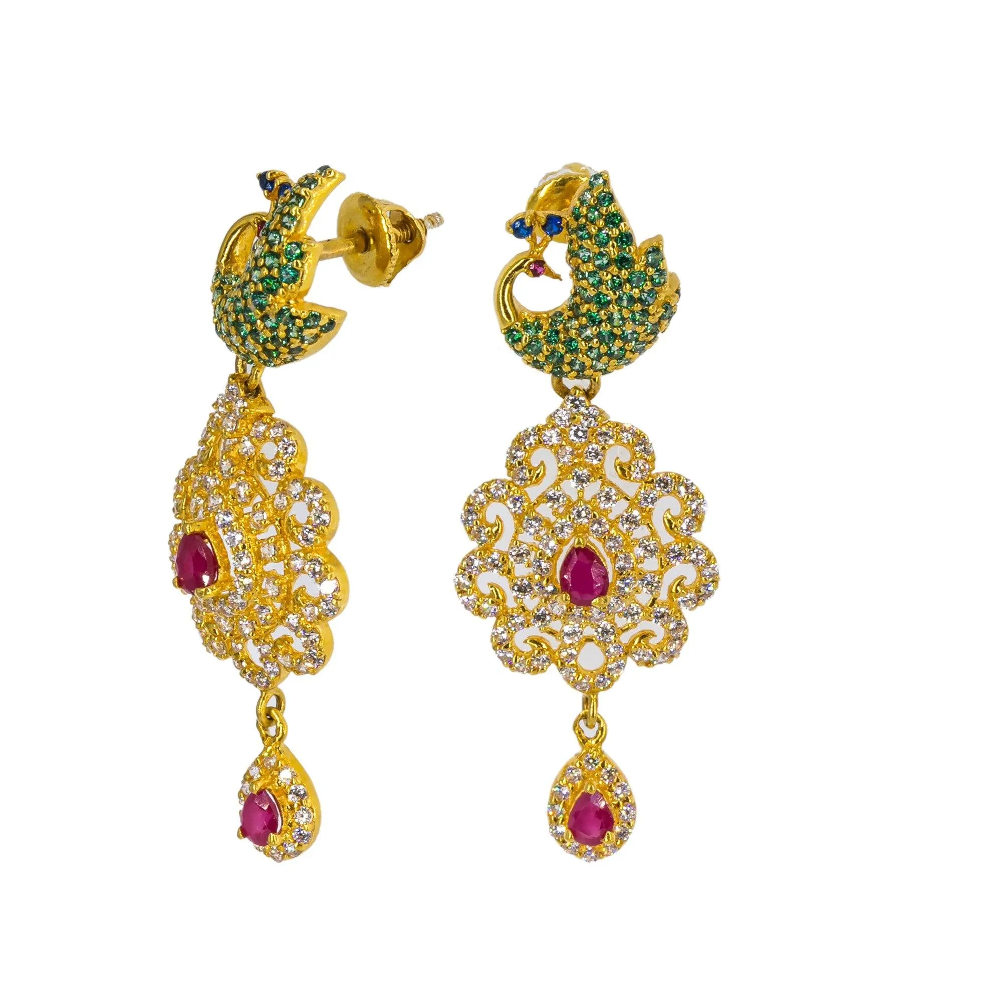 22K Yellow Gold Long Necklace & Earrings Set W/ Rubies, Multi-colored CZ & Encrusted Peacock Accents