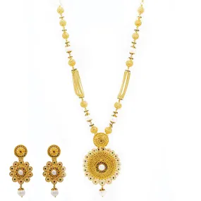 22K Yellow Gold Necklace & Earrings Set W/ Emeralds, Rubies, CZ Gems, Sapphires & Pearls