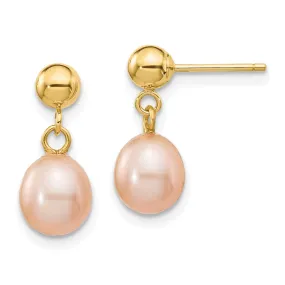 6-7mm Pink Rice Freshwater Cultured Pearl Dangle Post Earrings in 14k Yellow Gold