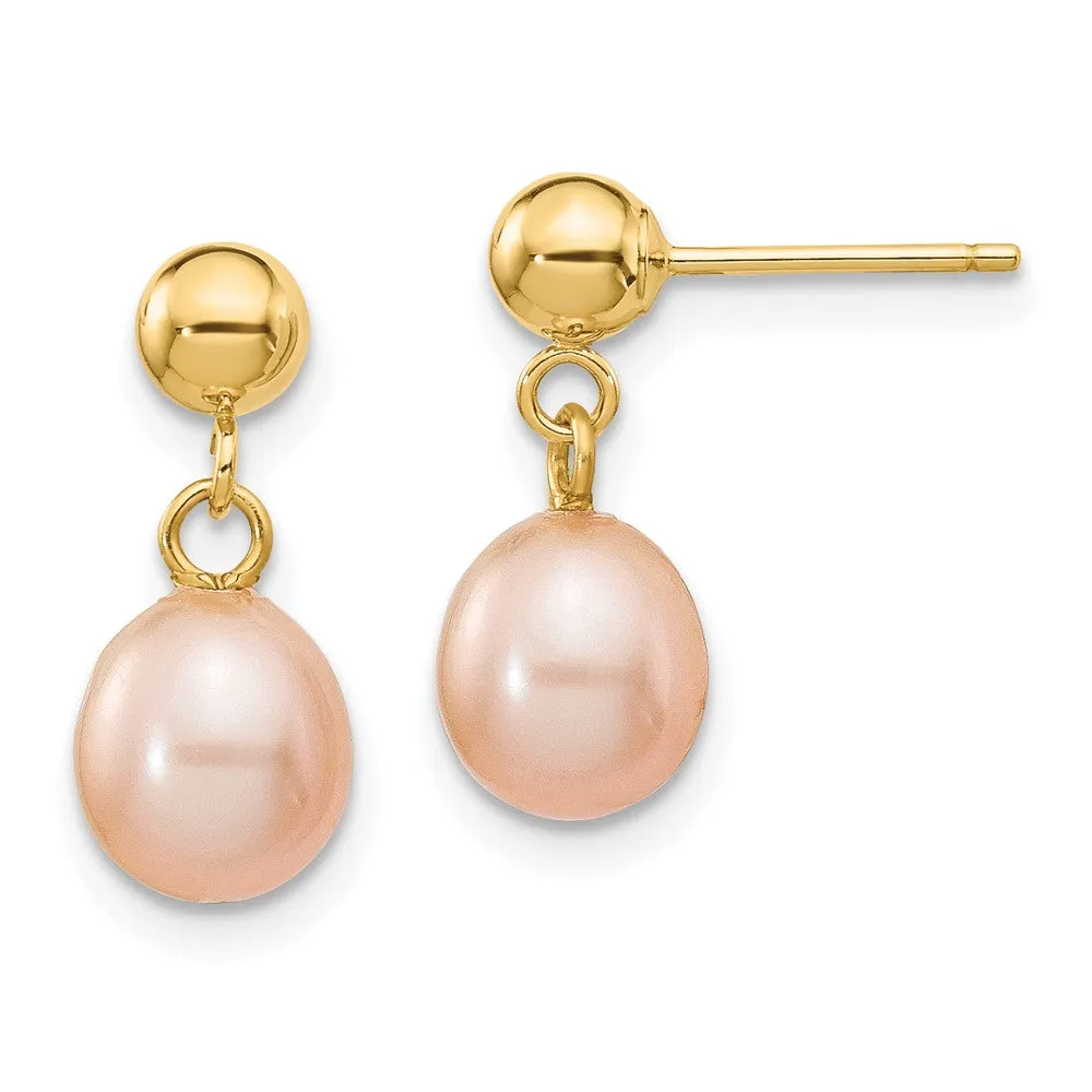 6-7mm Pink Rice Freshwater Cultured Pearl Dangle Post Earrings in 14k Yellow Gold