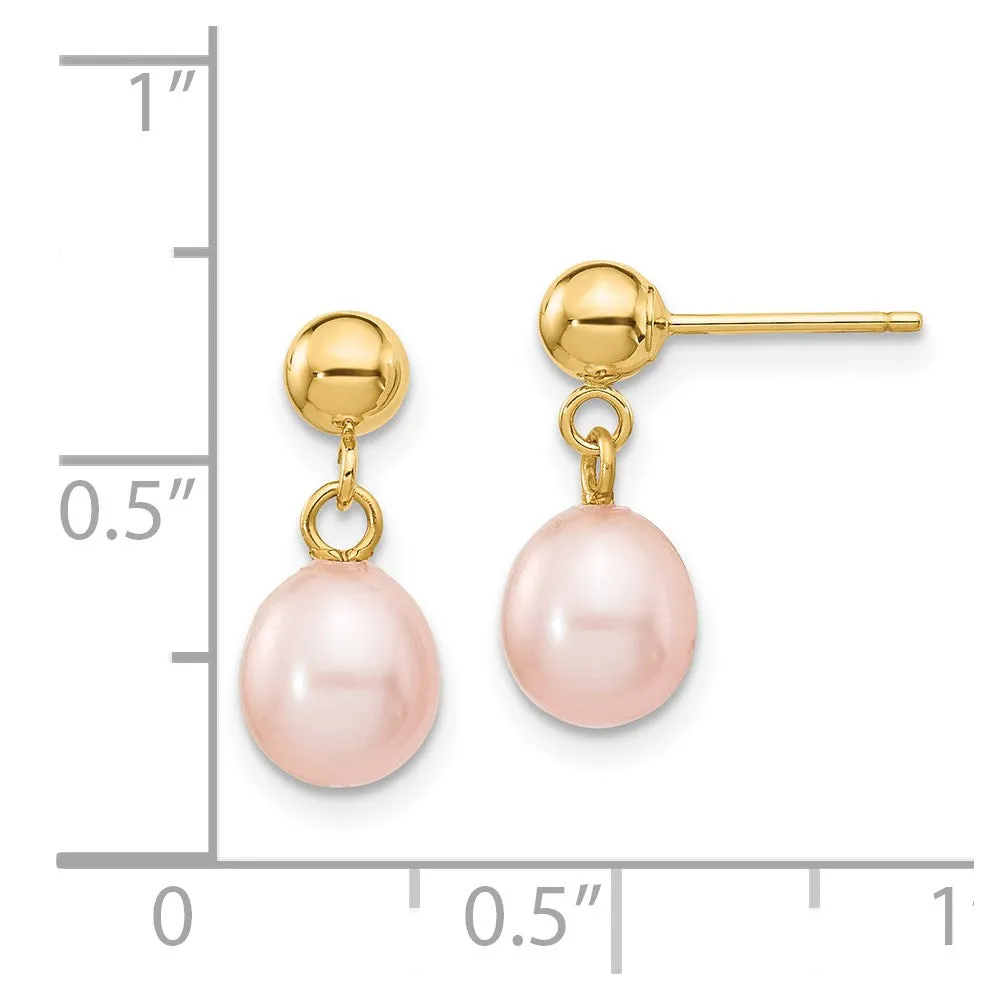 6-7mm Pink Rice Freshwater Cultured Pearl Dangle Post Earrings in 14k Yellow Gold