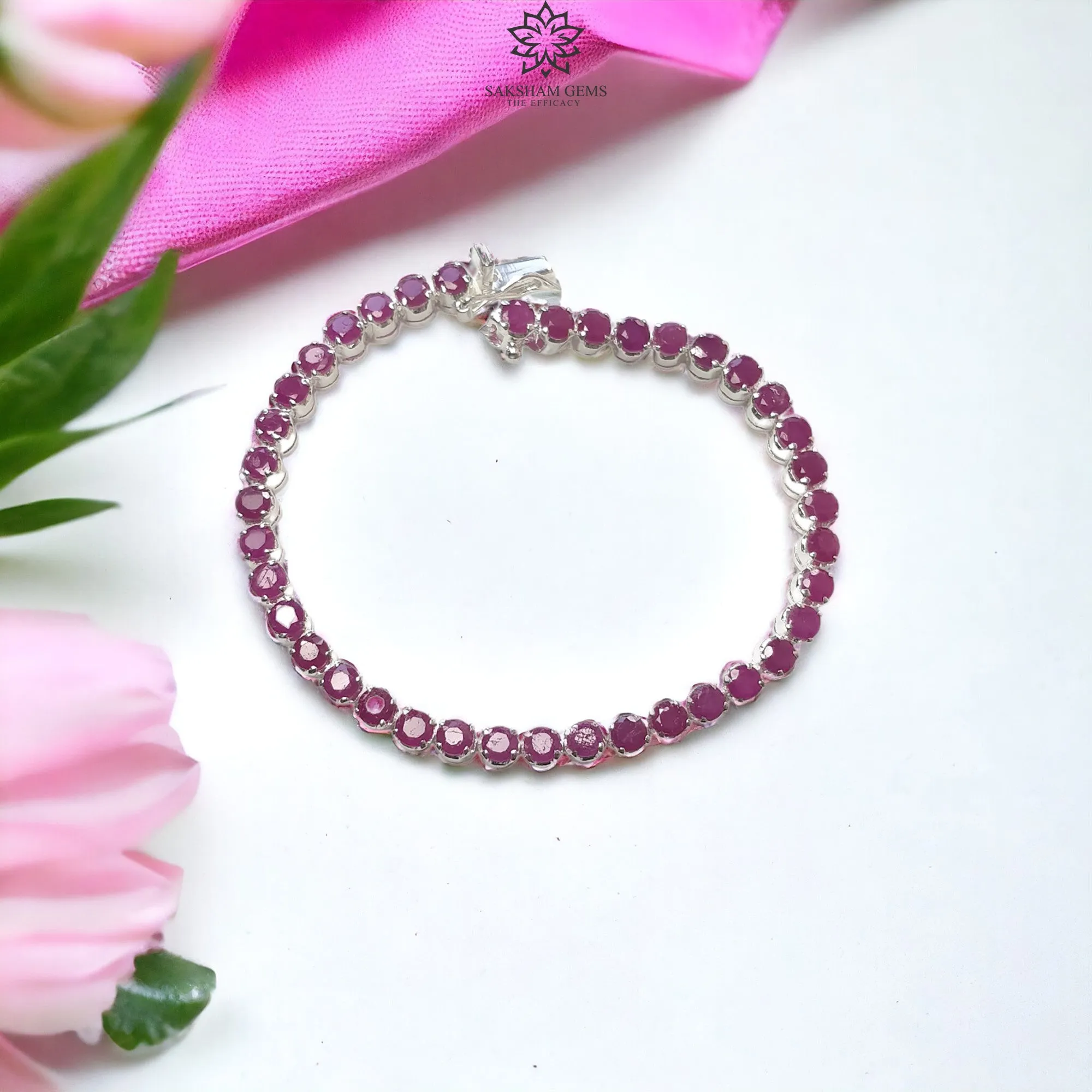 925 Sterling Silver Bracelet : 13.91gms Natural Glass Filled Ruby Gemstone Round Normal Cut Rhodium Plated Prong Set Tennis Bracelet 7.75"