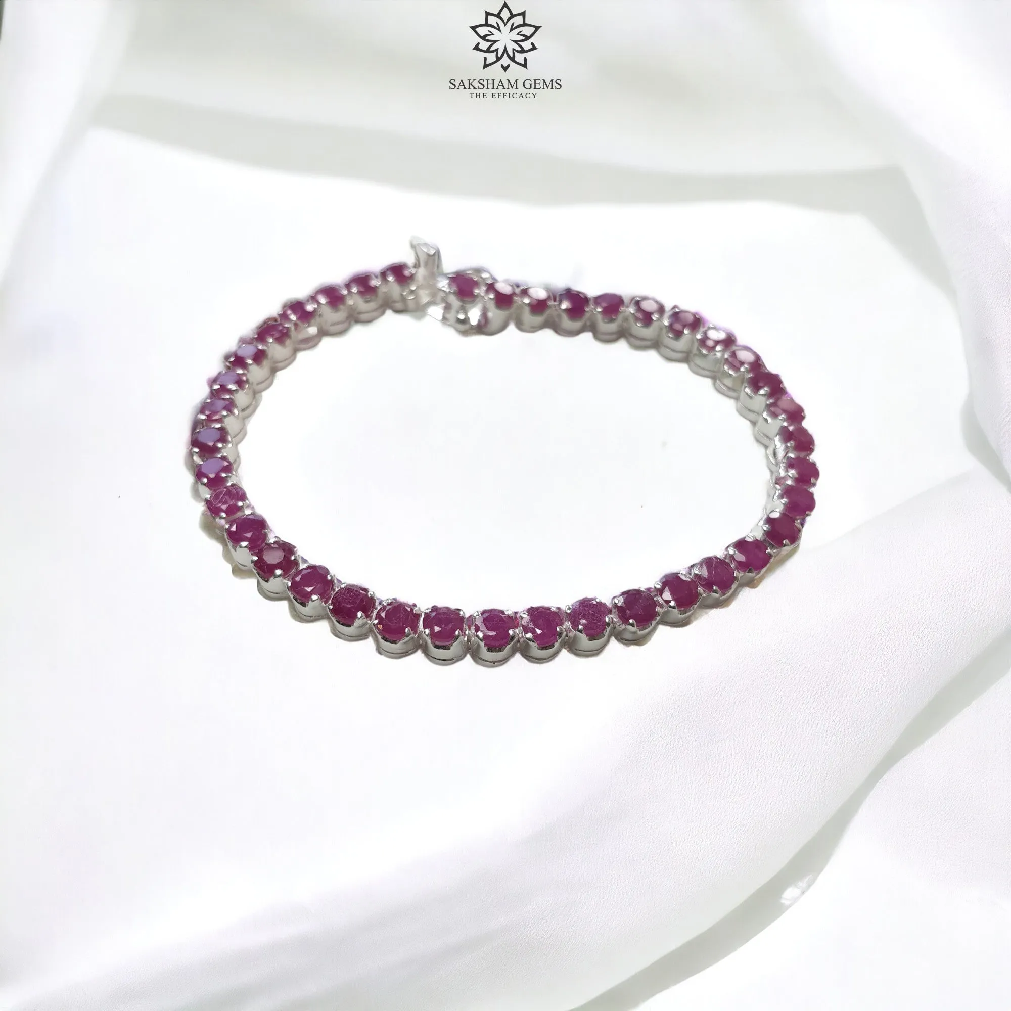 925 Sterling Silver Bracelet : 13.91gms Natural Glass Filled Ruby Gemstone Round Normal Cut Rhodium Plated Prong Set Tennis Bracelet 7.75"