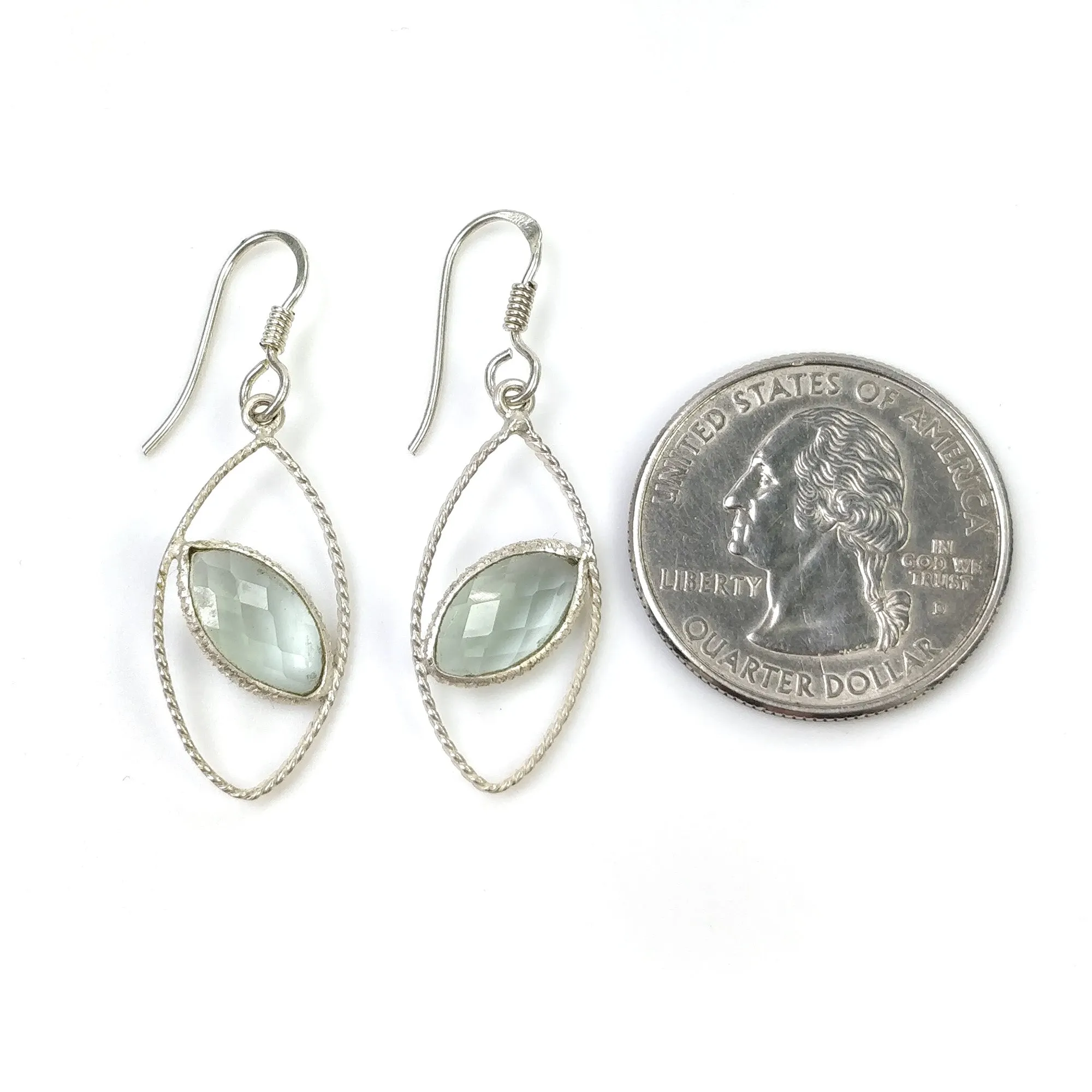 925 Sterling Silver Earring : 2.15gms Synthetic Manmade Green Rhinestone Gemstone Bezel Set Drop Dangle Hook Earrings 1.65"