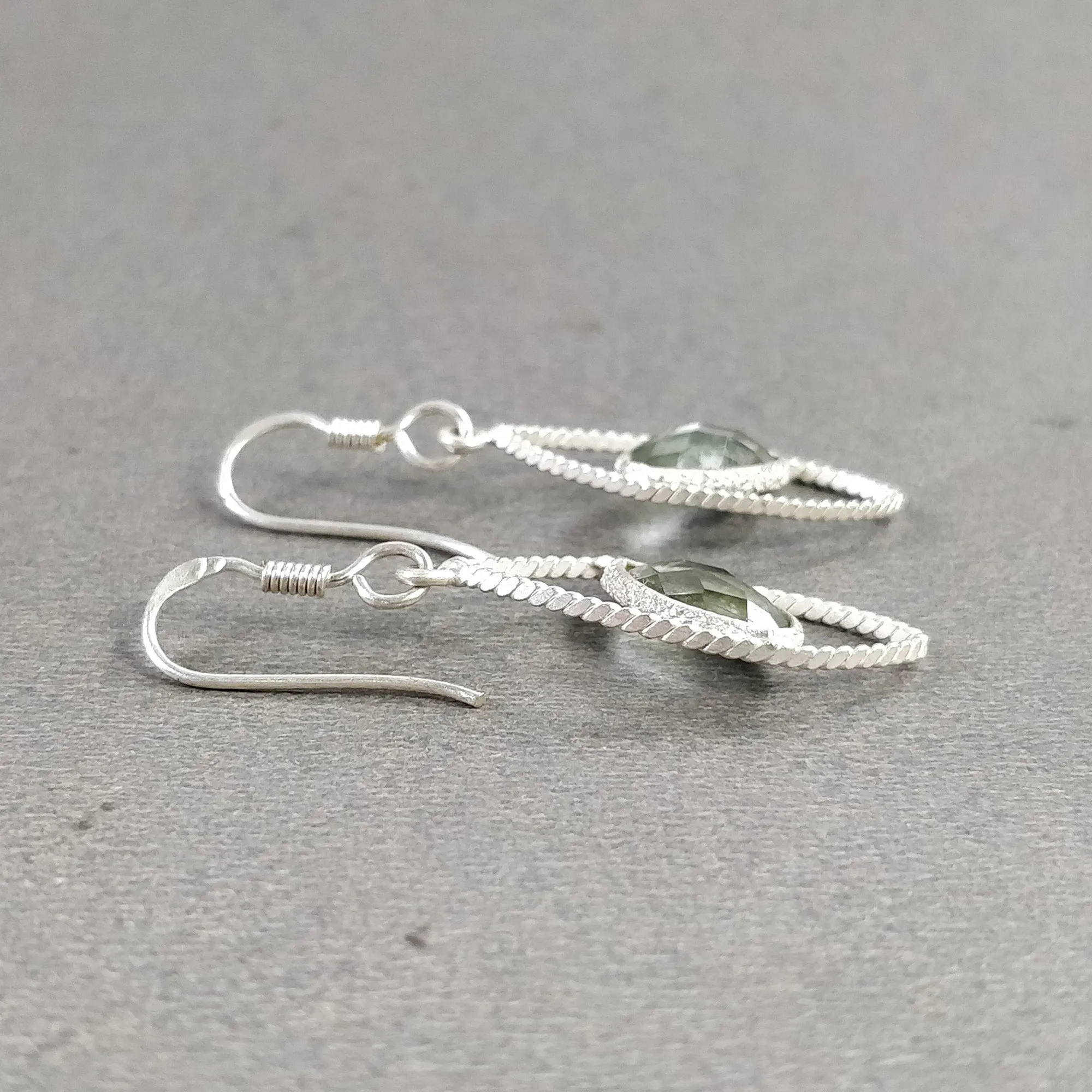 925 Sterling Silver Earring : 2.15gms Synthetic Manmade Green Rhinestone Gemstone Bezel Set Drop Dangle Hook Earrings 1.65"