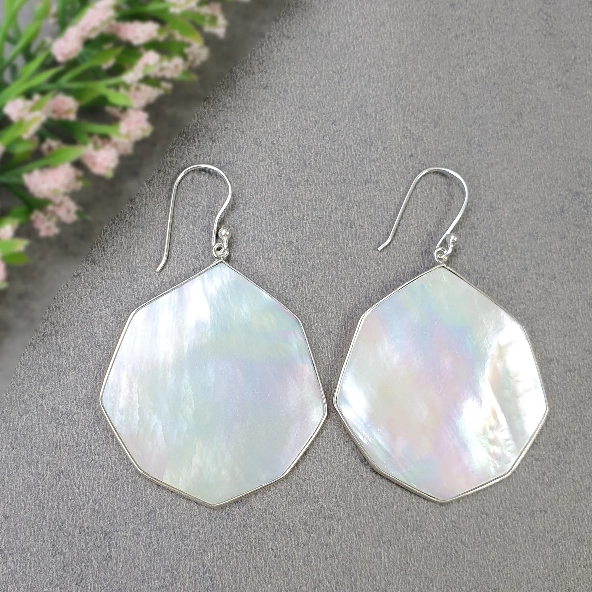 925 Sterling Silver Natural White Mother Of Pearl Hexagon Shape Drop Dangle Earring 2.50",Minimalist Earrings Fine Jewelry, Gift for HER