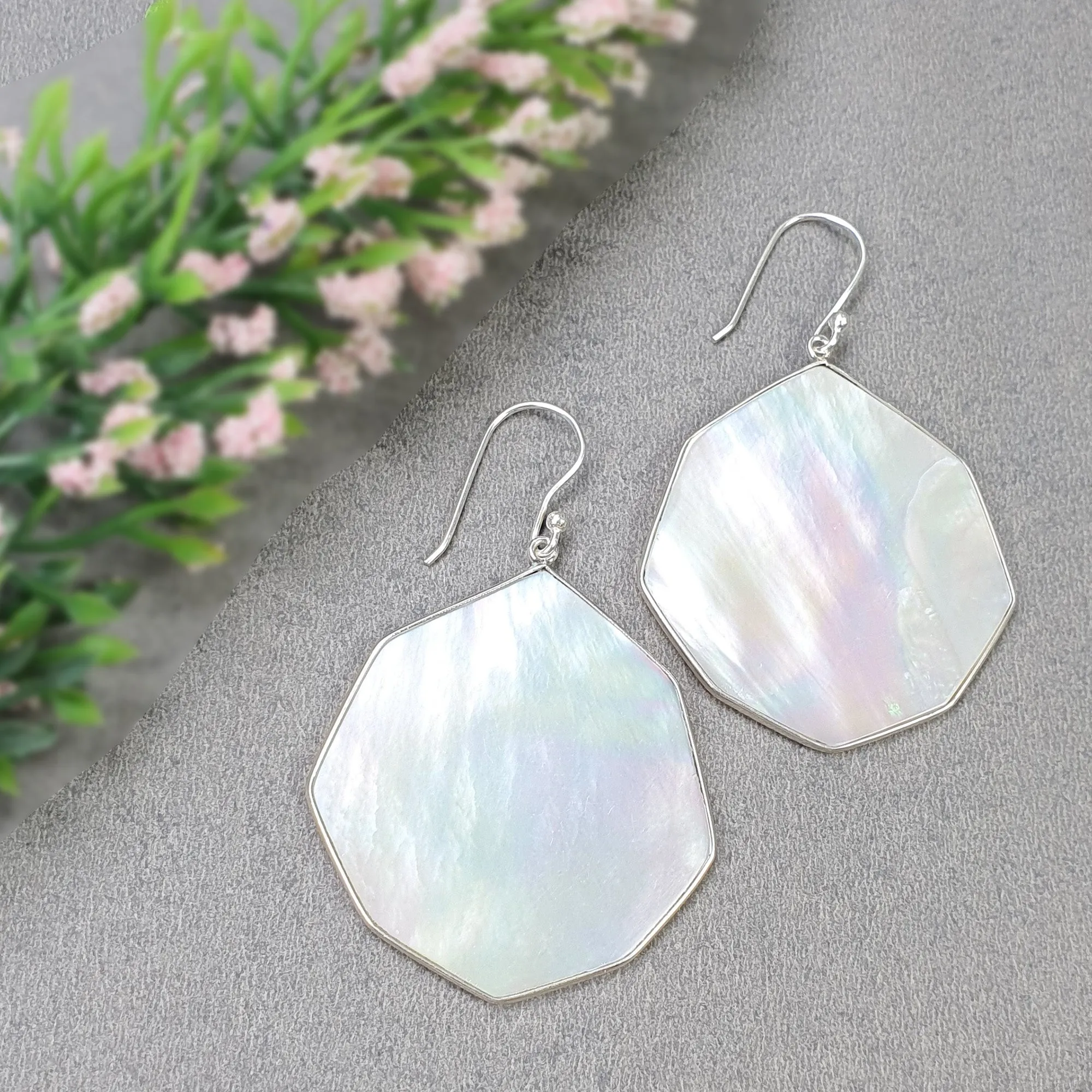 925 Sterling Silver Natural White Mother Of Pearl Hexagon Shape Drop Dangle Earring 2.50",Minimalist Earrings Fine Jewelry, Gift for HER