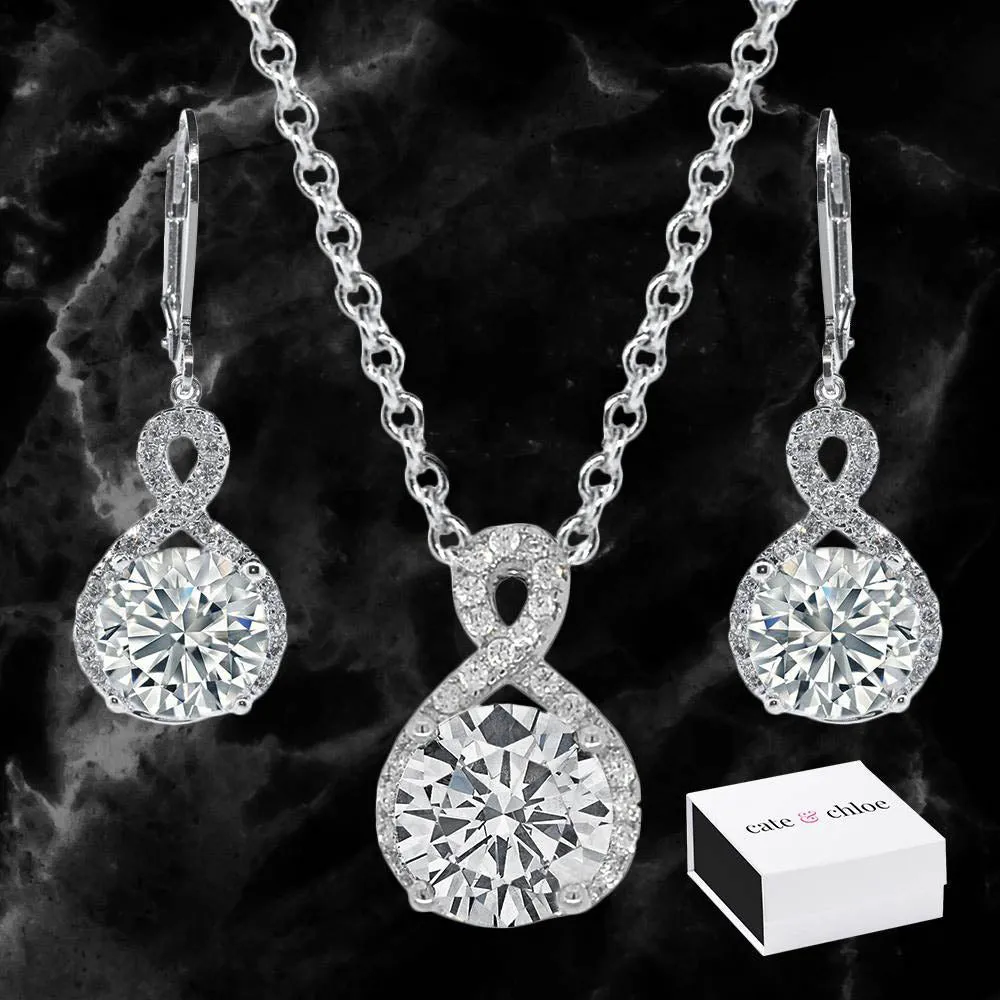 Alessandra Vision 18k White Gold Plated Infinity Drop Earrings & Necklace Jewelry Set with CZ Crystals