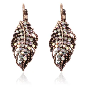 Antique Golden Leaf Shaped Crystal Drop Earring