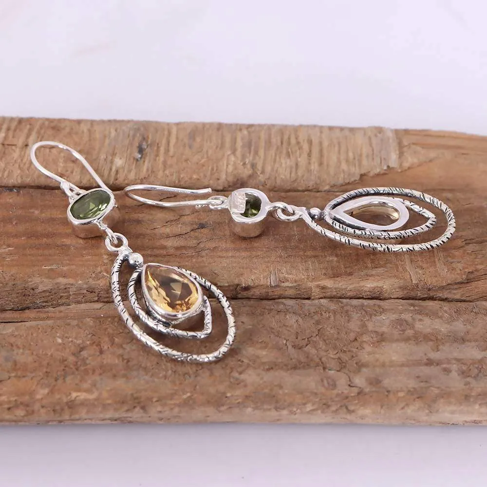 Artisans Unique Design Sterling Silver Dangle Earring With Citrine And Peridot Gemstone