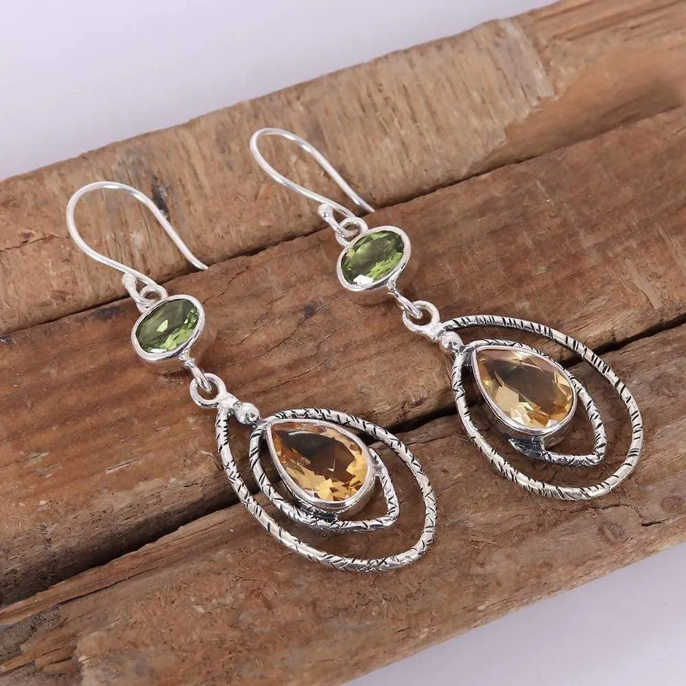 Artisans Unique Design Sterling Silver Dangle Earring With Citrine And Peridot Gemstone